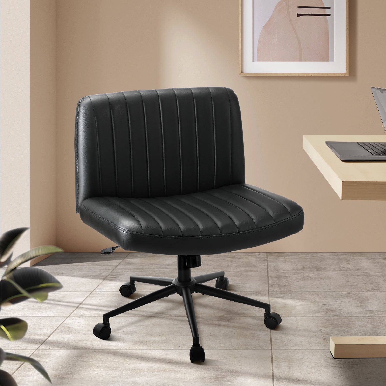 Oikiture Mid Back Armless Office Desk Chair Wide Seat with Wheels Leather Black - Sunyee