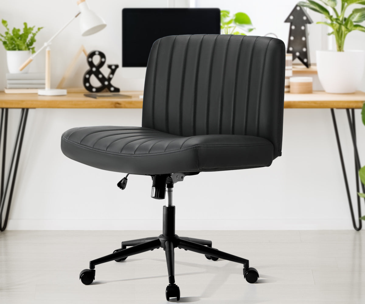 Oikiture Mid Back Armless Office Desk Chair Wide Seat with Wheels Leather Black - Sunyee