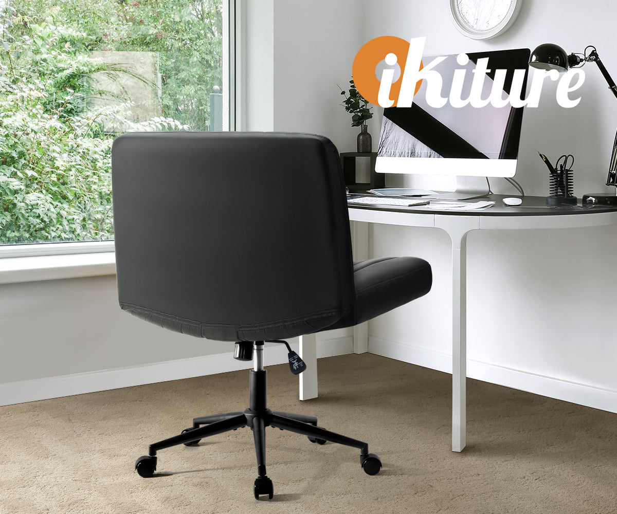 Oikiture Mid Back Armless Office Desk Chair Wide Seat with Wheels Leather Black - Sunyee
