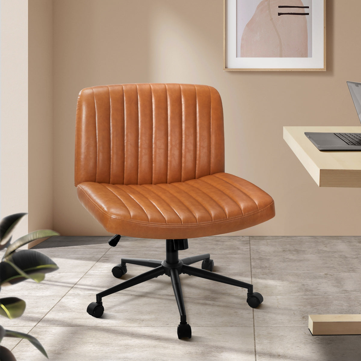 Oikiture Mid Back Armless Office Desk Chair Wide Seat with Wheels Leather Brown - Sunyee