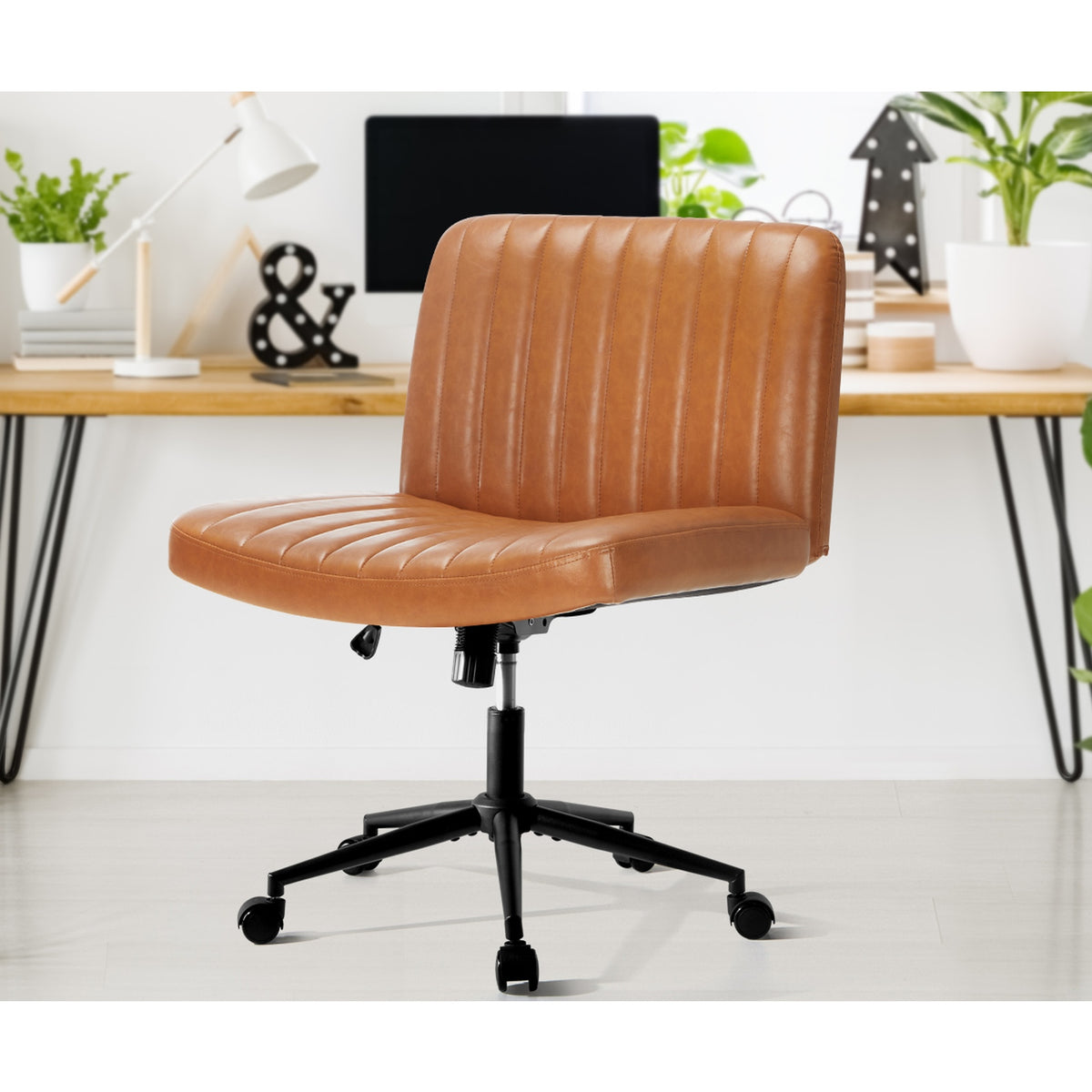Oikiture Mid Back Armless Office Desk Chair Wide Seat with Wheels Leather Brown - Sunyee