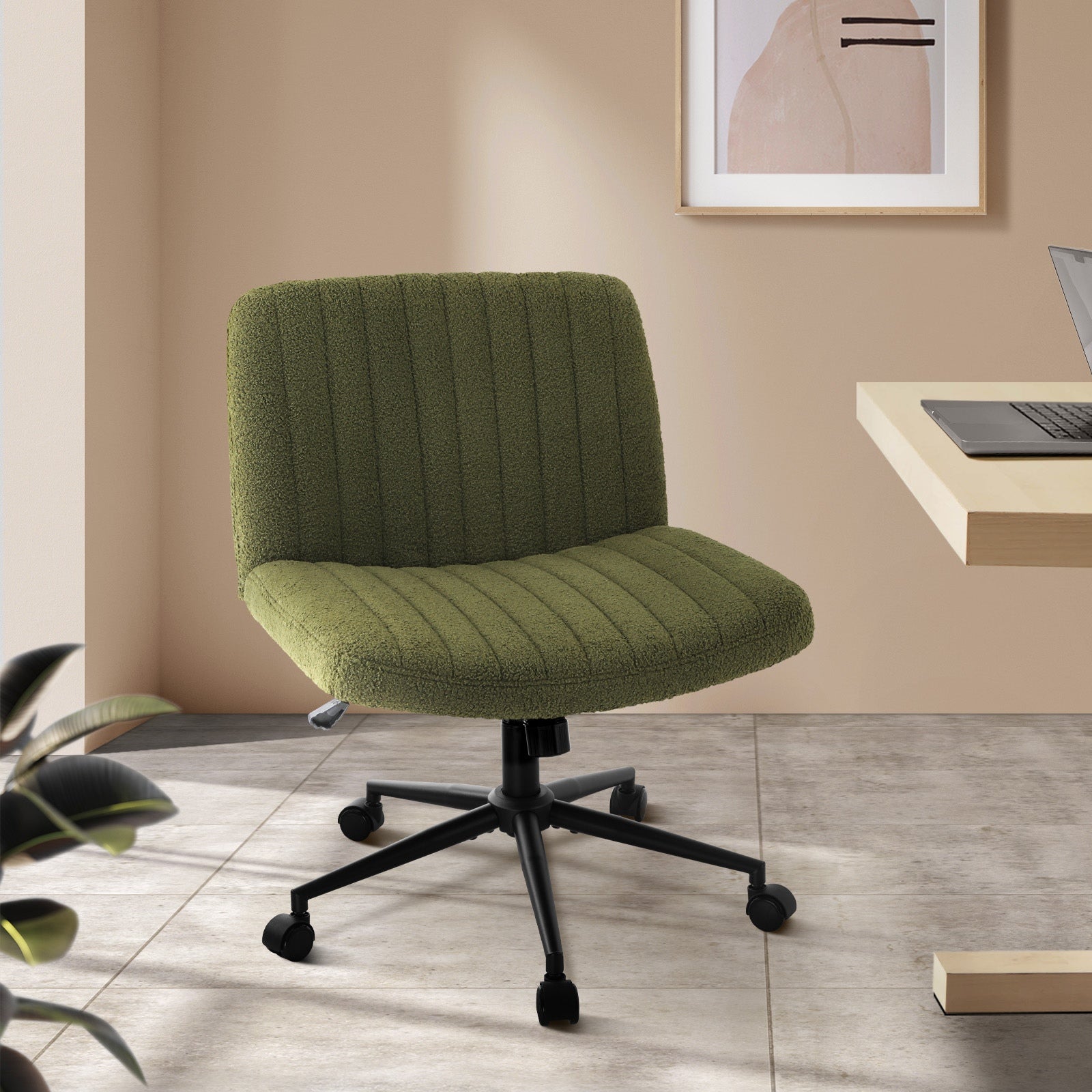 Oikiture Mid Back Armless Office Desk Chair Wide Seat with Wheels Sherpa Green - Sunyee
