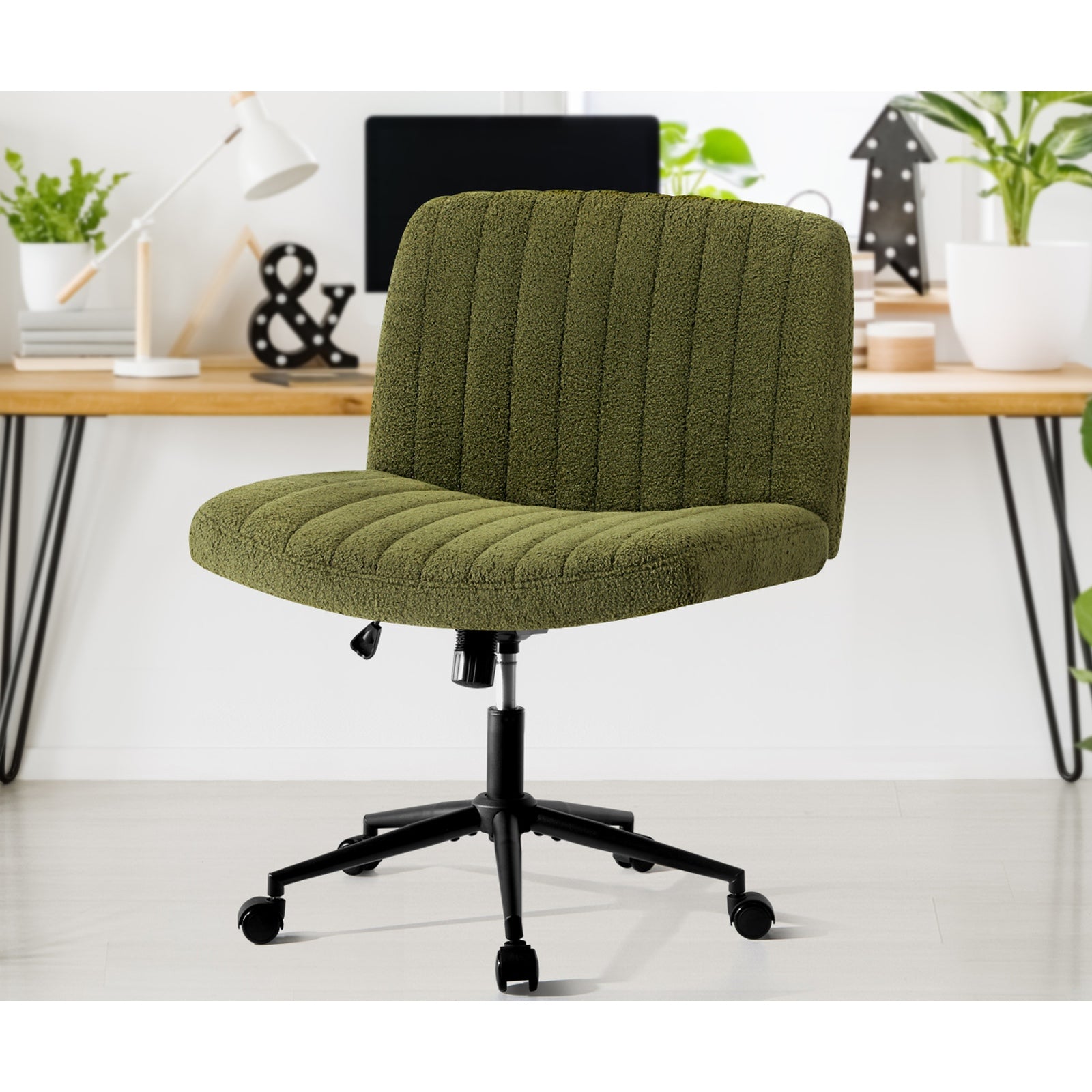 Oikiture Mid Back Armless Office Desk Chair Wide Seat with Wheels Sherpa Green - Sunyee
