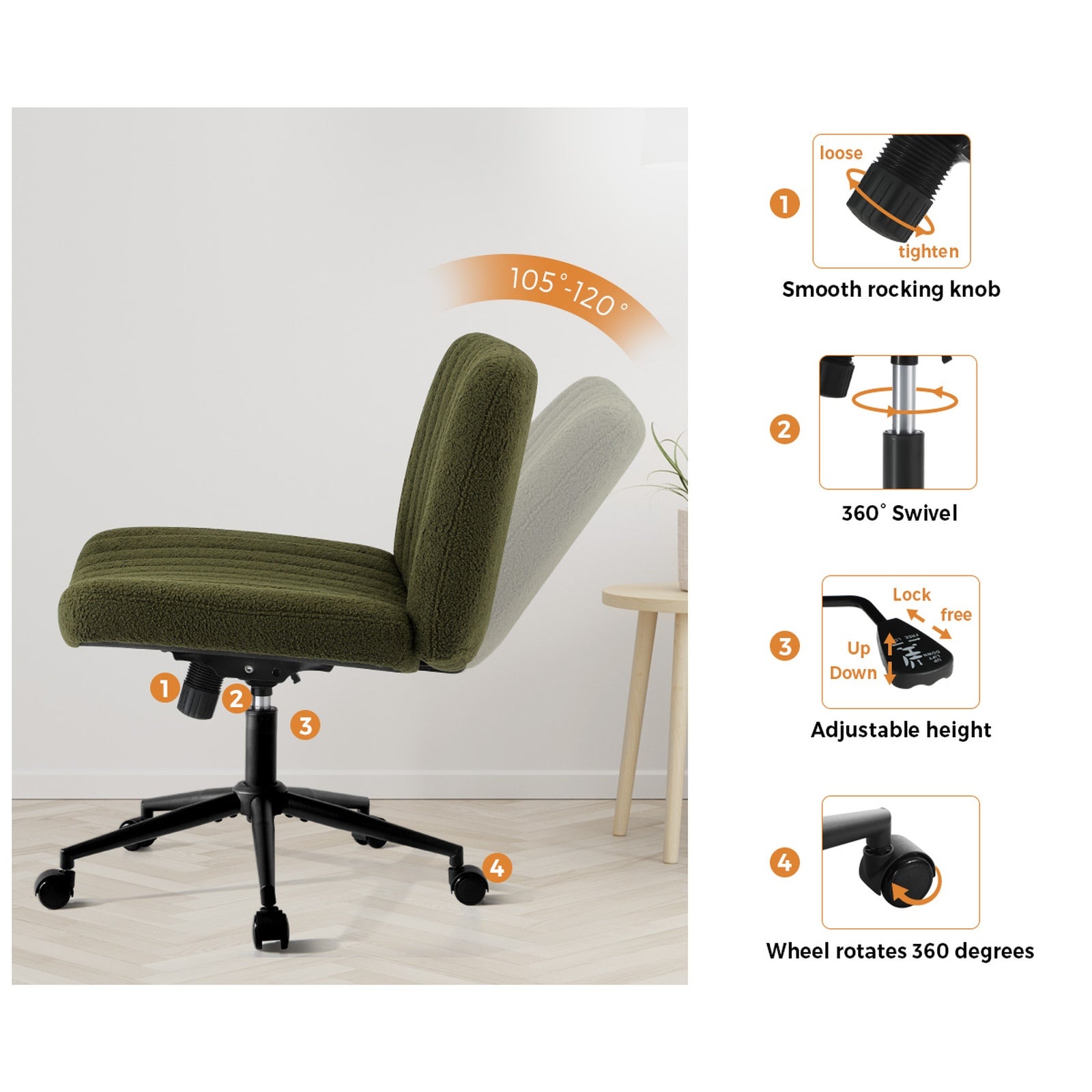 Oikiture Mid Back Armless Office Desk Chair Wide Seat with Wheels Sherpa Green - Sunyee