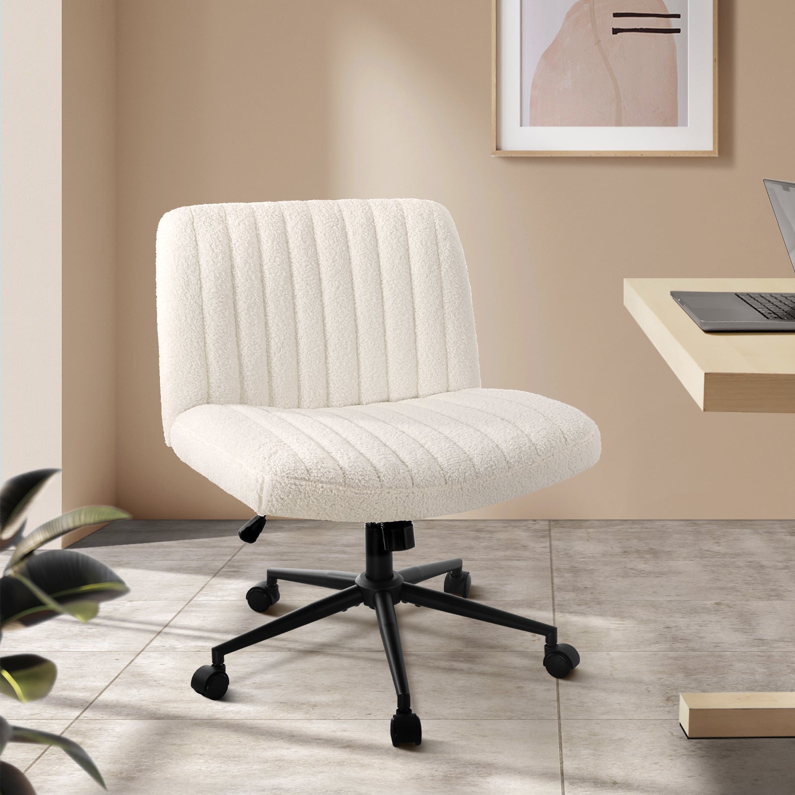 Oikiture Mid Back Armless Office Desk Chair Wide Seat with Wheels Sherpa White - Sunyee
