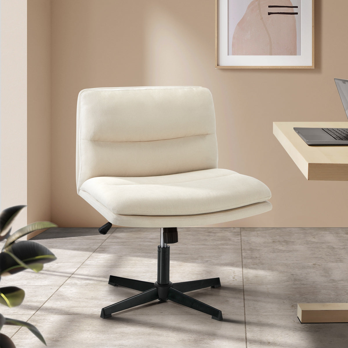 Oikiture Mid Back Armless Office Desk Chair Wide Seat No Wheels Linen Beige