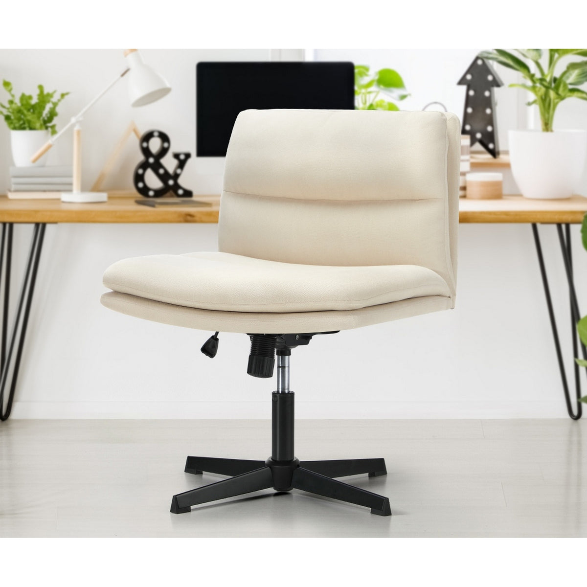 Oikiture Mid Back Armless Office Desk Chair Wide Seat No Wheels Linen Beige