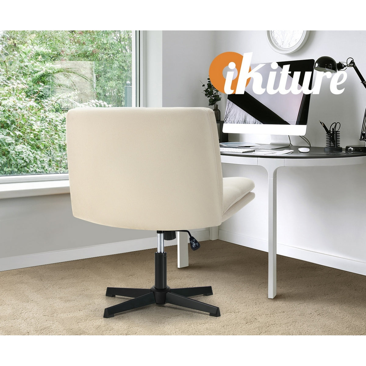 Oikiture Mid Back Armless Office Desk Chair Wide Seat No Wheels Linen Beige