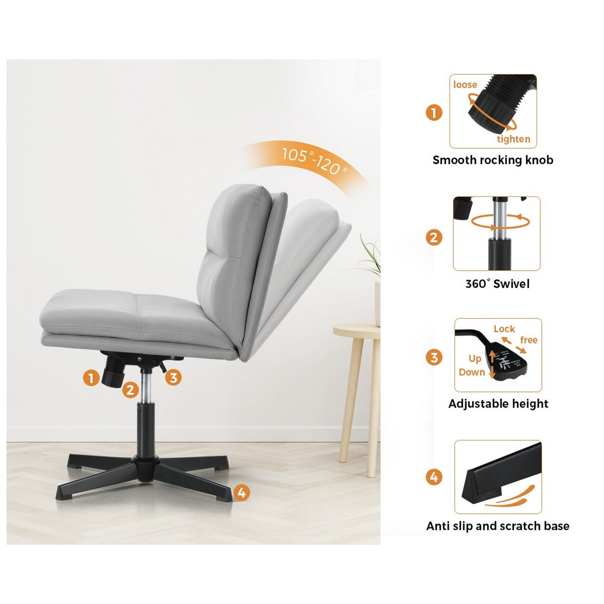 Oikiture Mid Back Armless Office Desk Chair Wide Seat No Wheels Linen Grey