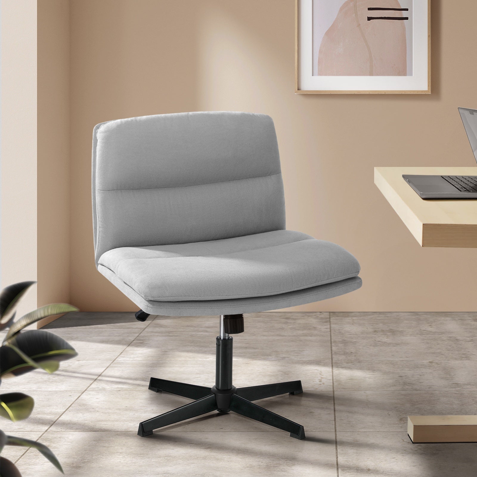 Oikiture Mid Back Armless Office Desk Chair Wide Seat No Wheels Linen Grey - Sunyee