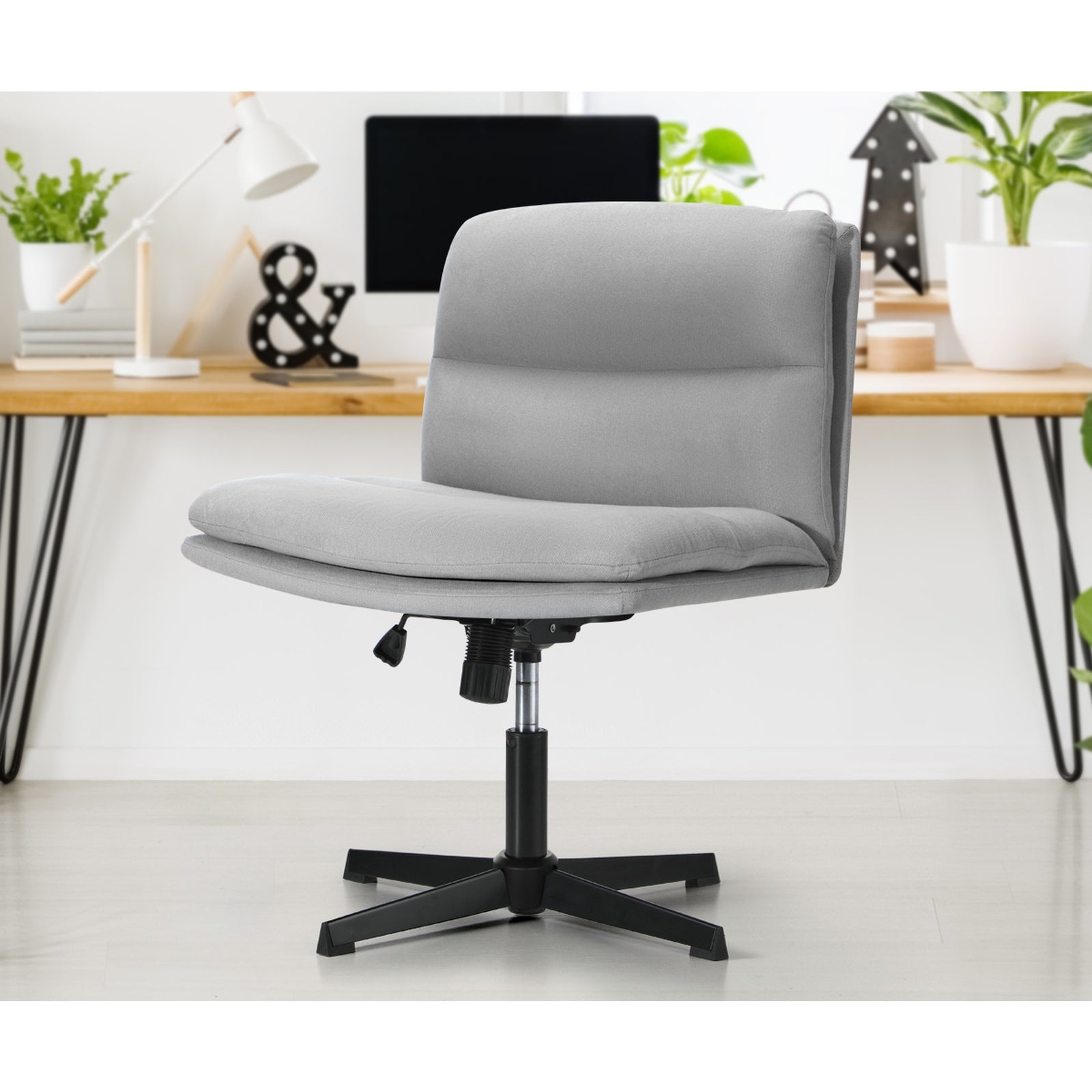 Oikiture Mid Back Armless Office Desk Chair Wide Seat No Wheels Linen Grey - Sunyee