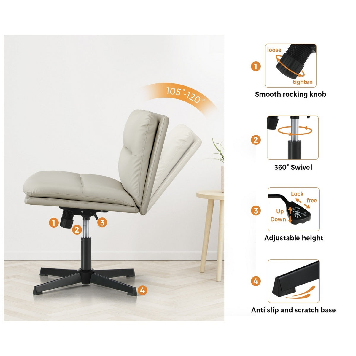Oikiture Mid Back Armless Office Desk Chair Wide Seat No Wheels Leather Beige