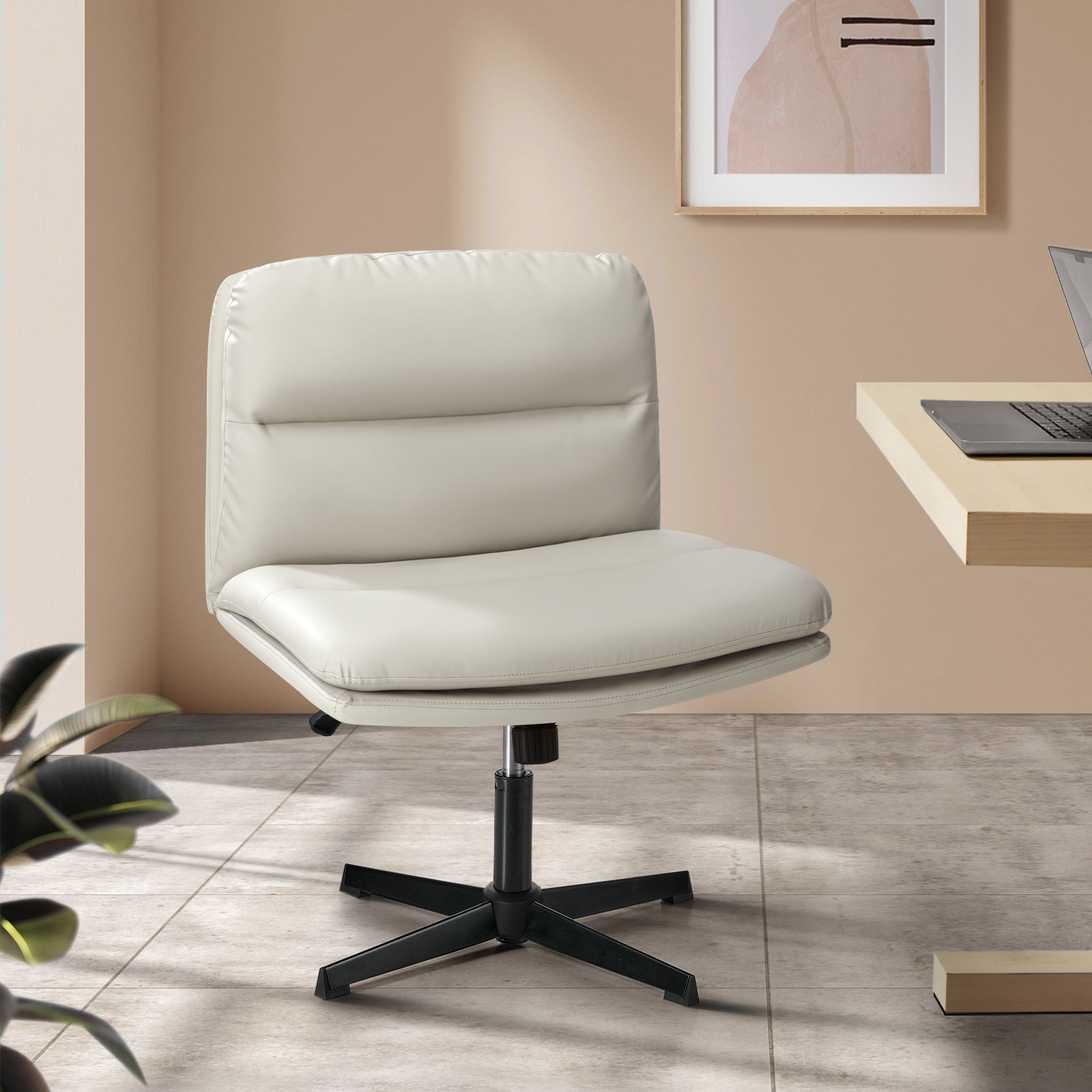 Oikiture Mid Back Armless Office Desk Chair Wide Seat No Wheels Leather Beige - Sunyee