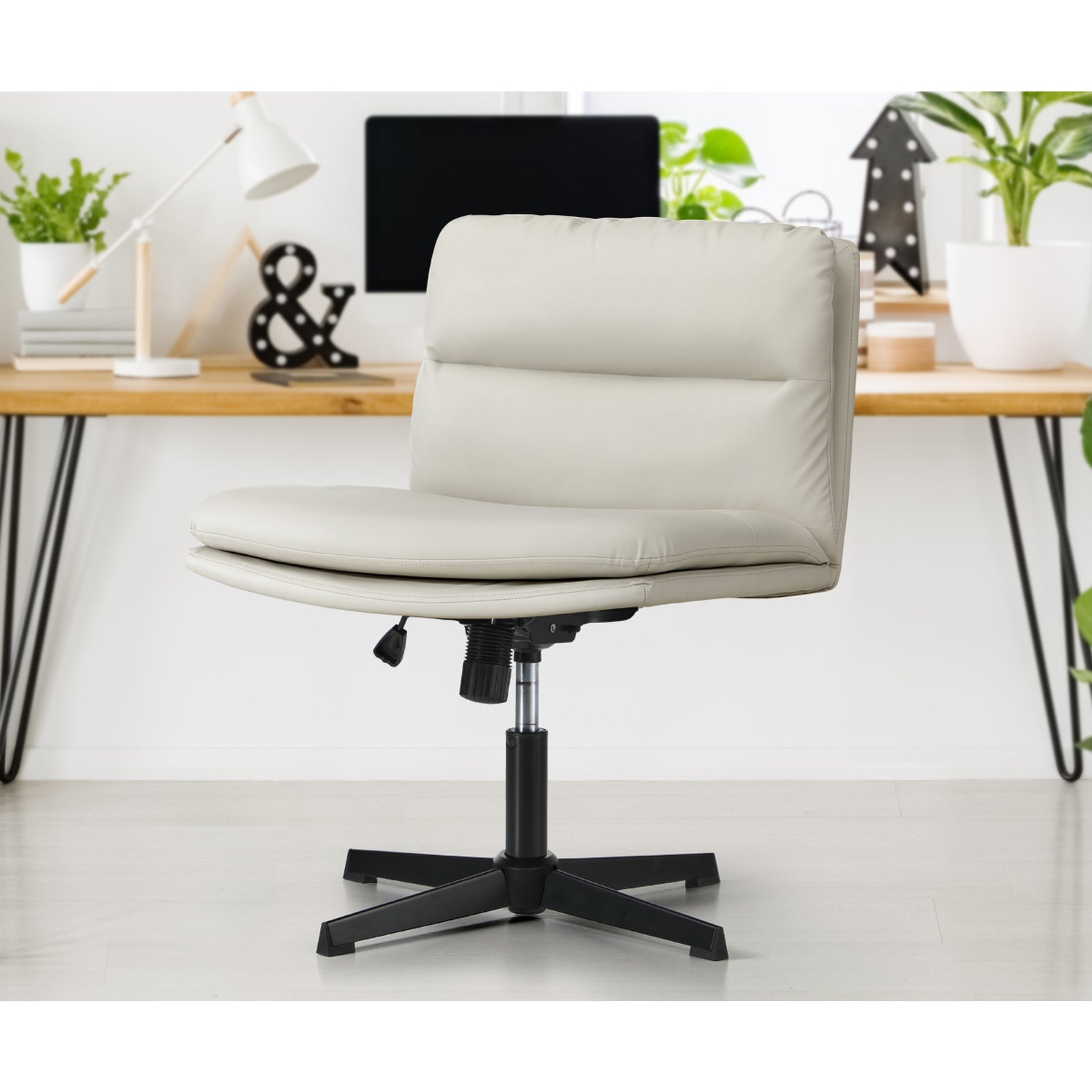 Oikiture Mid Back Armless Office Desk Chair Wide Seat No Wheels Leather Beige - Sunyee