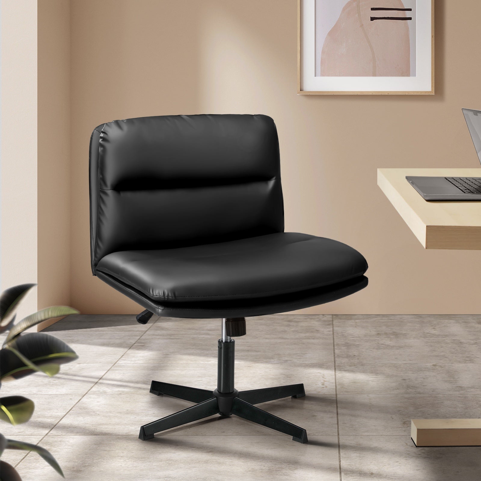 Oikiture Mid Back Armless Office Desk Chair Wide Seat No Wheels Leather Black - Sunyee