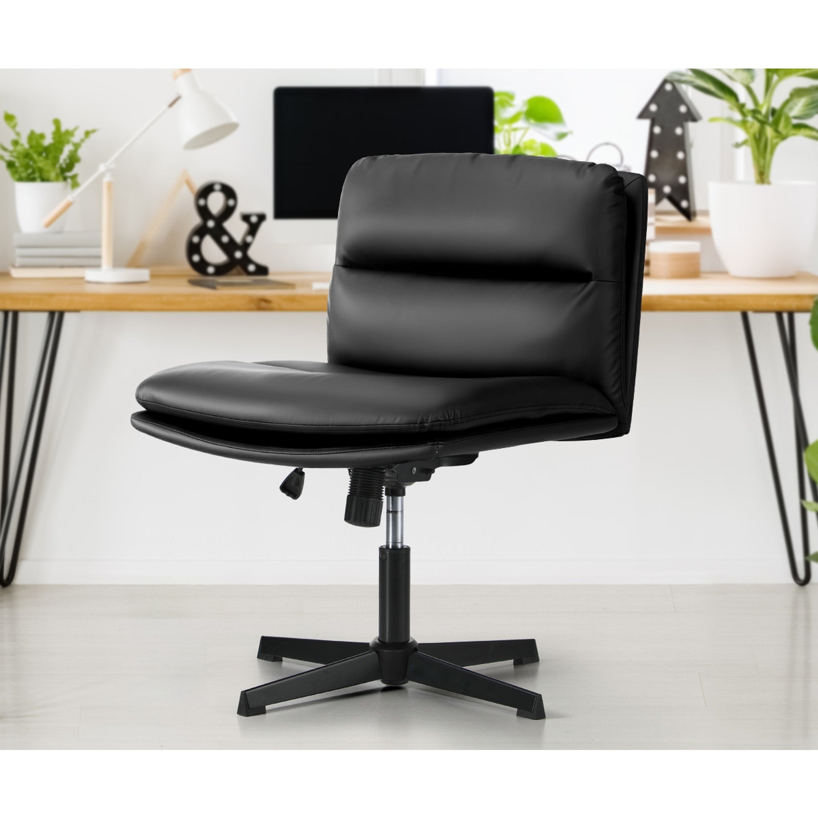 Oikiture Mid Back Armless Office Desk Chair Wide Seat No Wheels Leather Black - Sunyee
