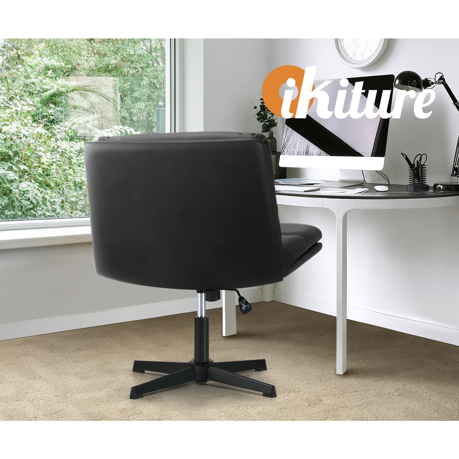 Oikiture Mid Back Armless Office Desk Chair Wide Seat No Wheels Leather Black - Sunyee