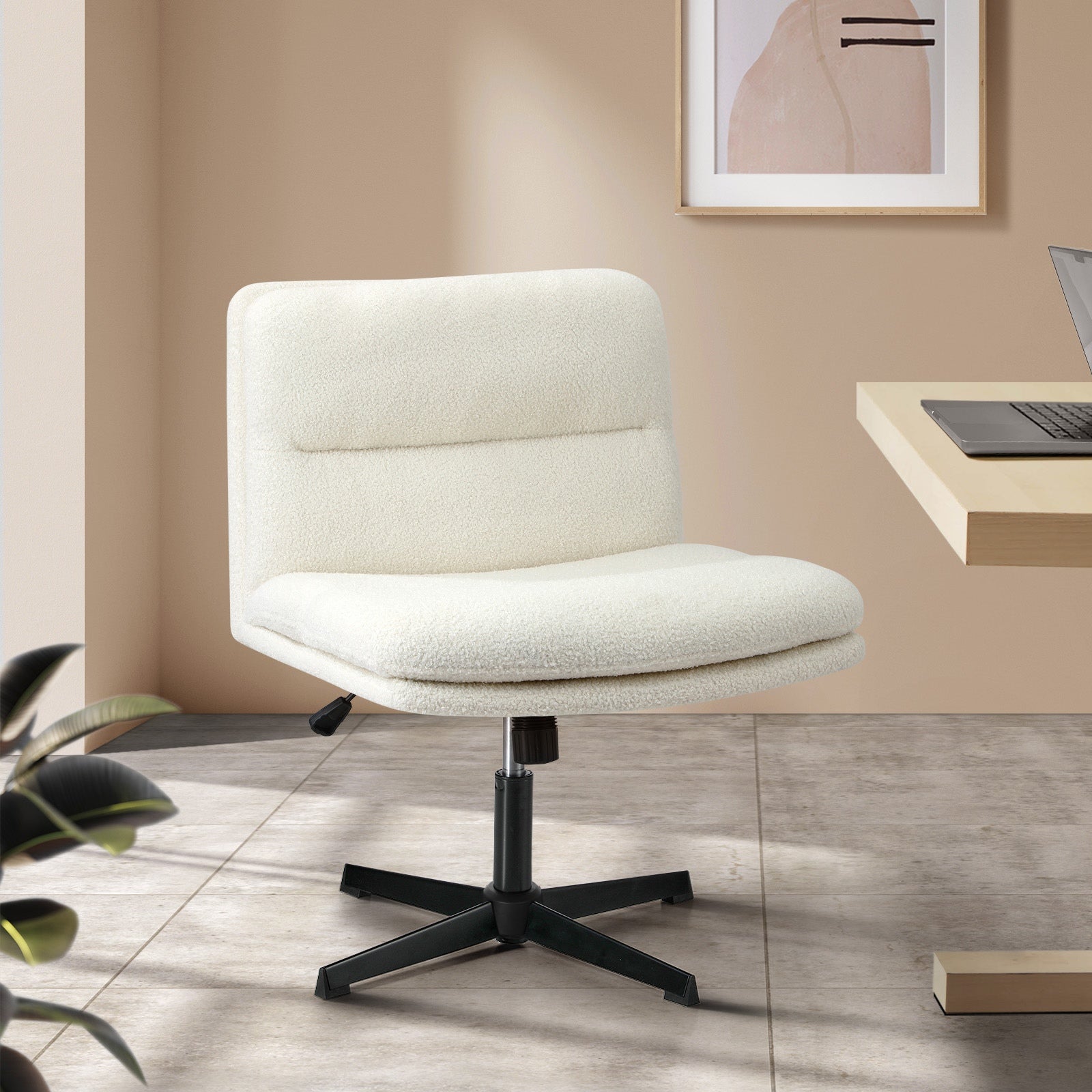 Oikiture Mid Back Armless Office Desk Chair Wide Seat No Wheels Boucle White - Sunyee