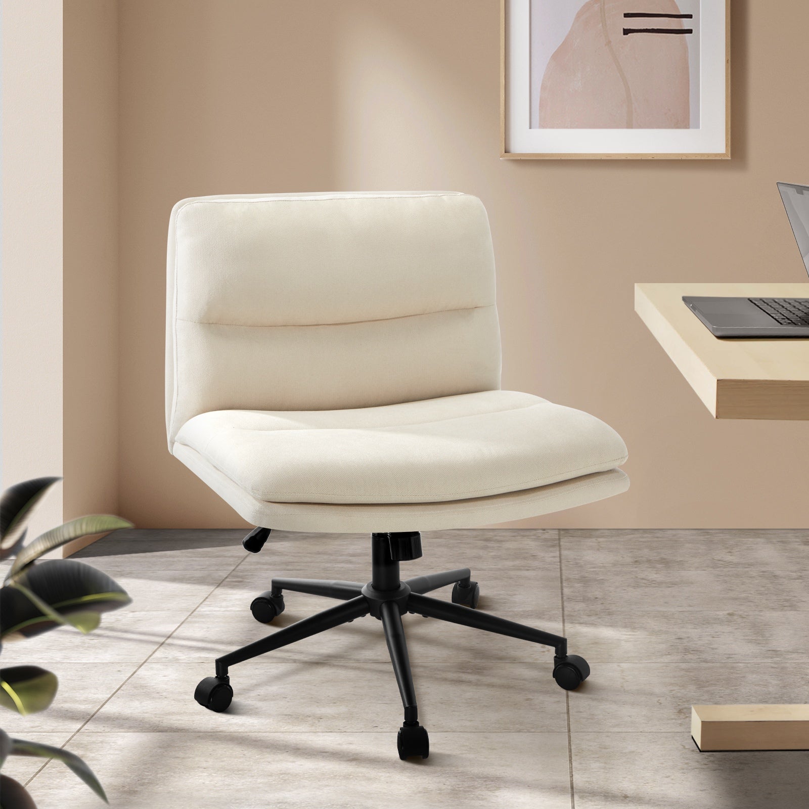 Oikiture Mid Back Armless Office Desk Chair Wide Seat Linen Beige with Wheels - Sunyee