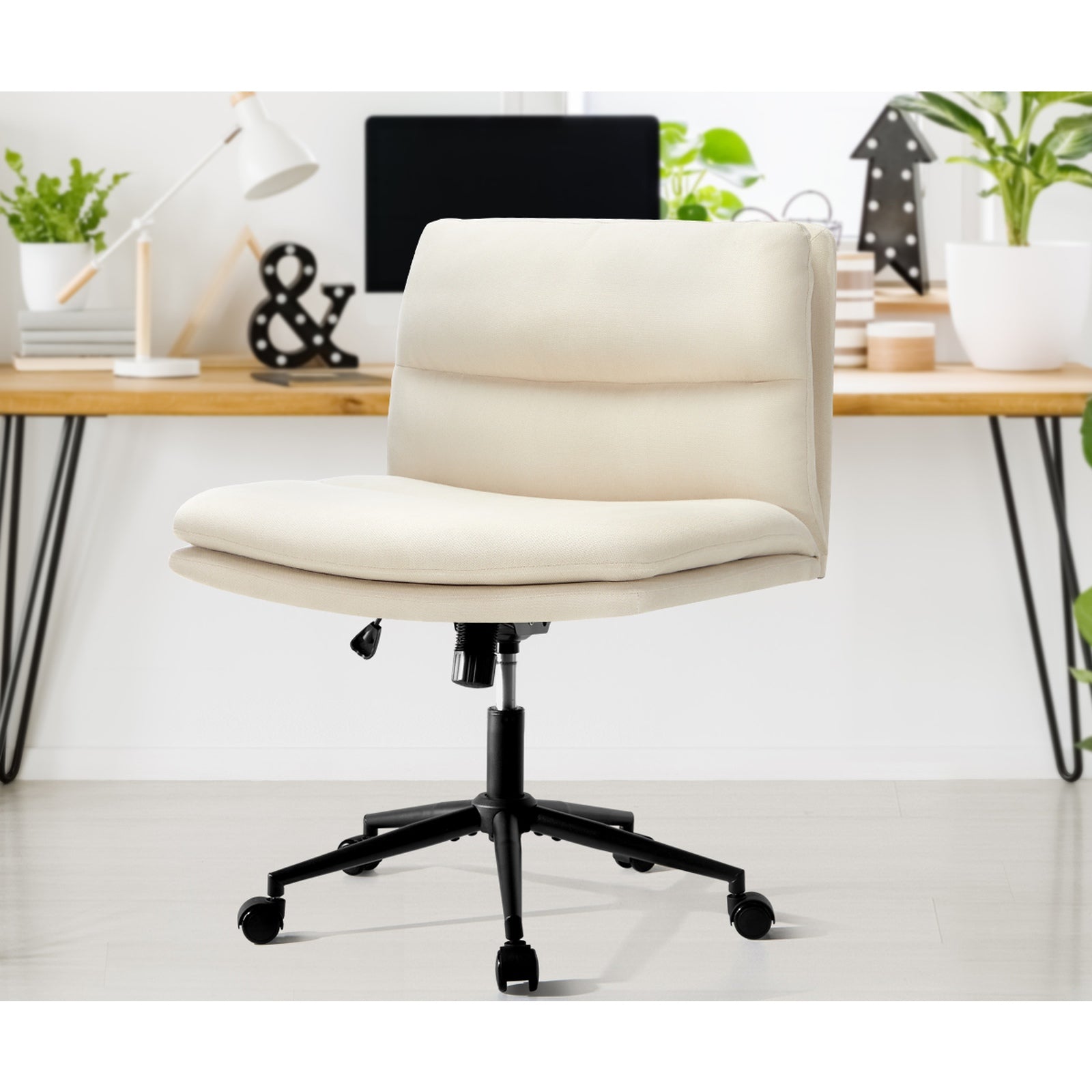 Oikiture Mid Back Armless Office Desk Chair Wide Seat Linen Beige with Wheels - Sunyee