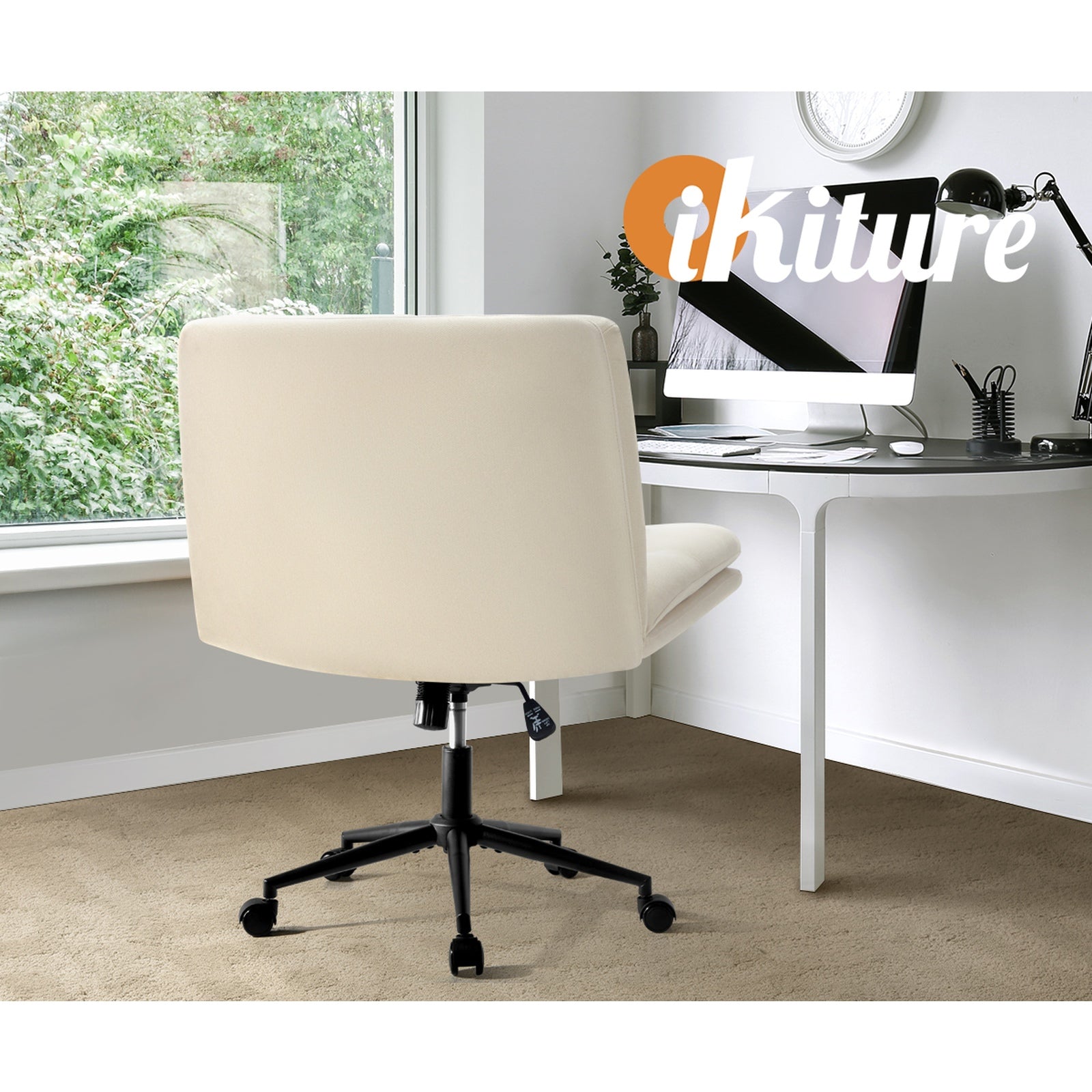Oikiture Mid Back Armless Office Desk Chair Wide Seat Linen Beige with Wheels - Sunyee