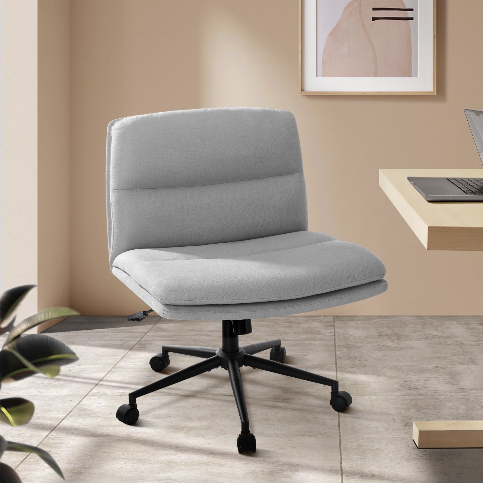 Oikiture Mid Back Armless Office Desk Chair Wide Seat Linen Grey with Wheels - Sunyee