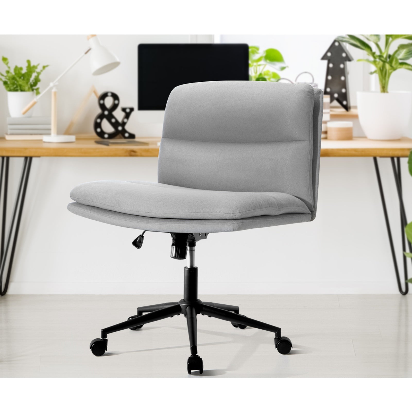 Oikiture Mid Back Armless Office Desk Chair Wide Seat Linen Grey with Wheels - Sunyee