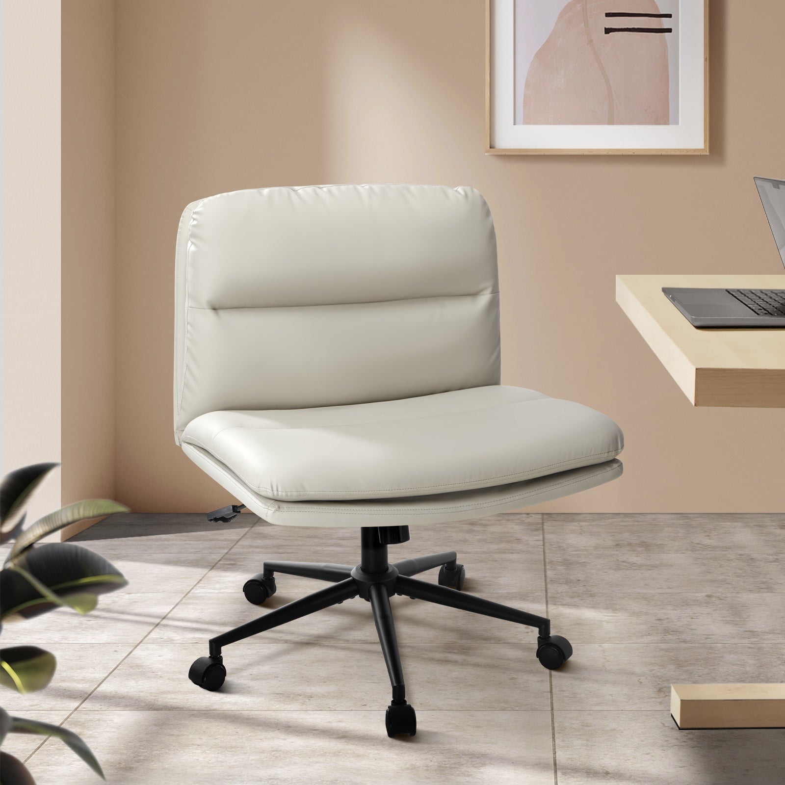 Oikiture Mid Back Armless Office Desk Chair Wide Seat Leather Beige with Wheels - Sunyee