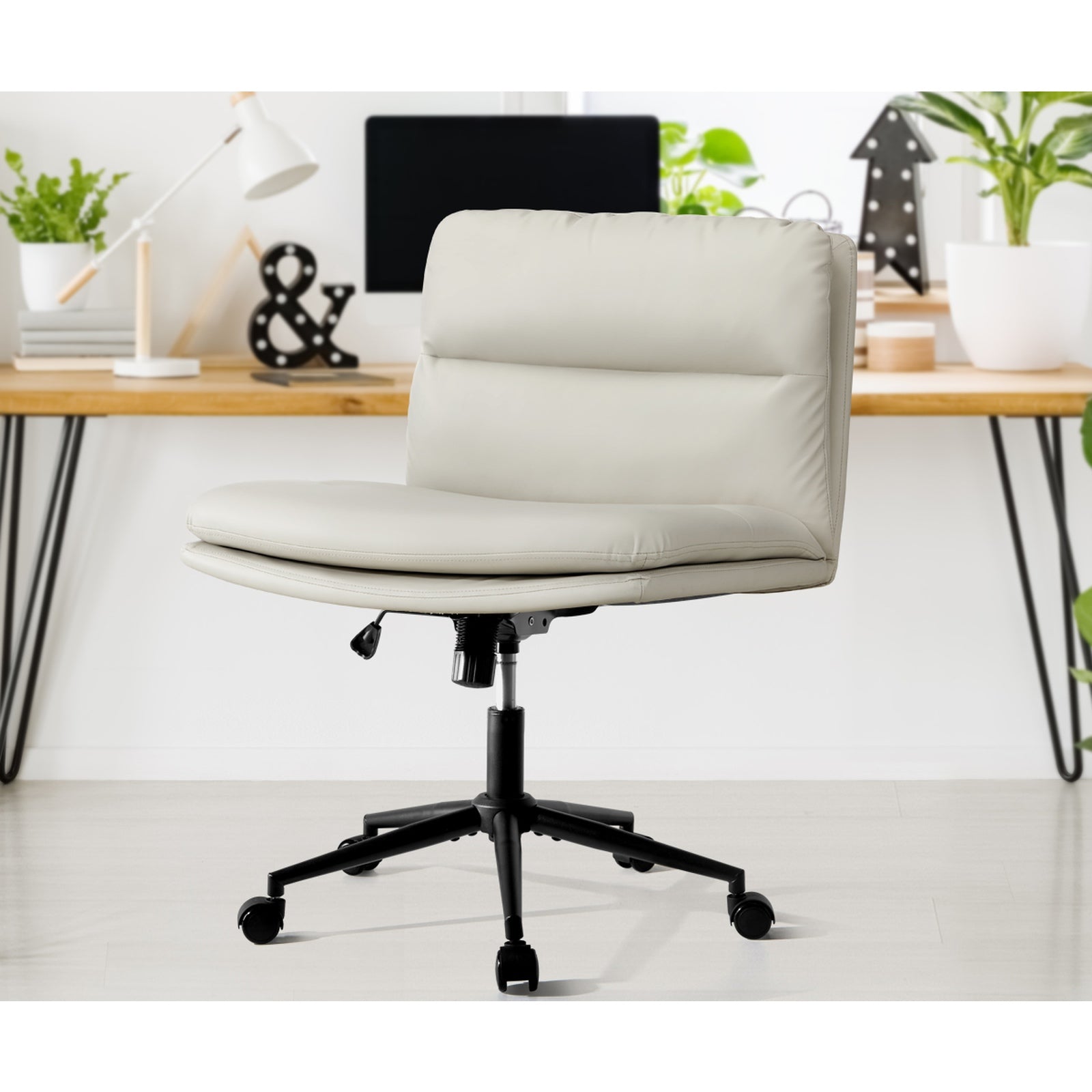 Oikiture Mid Back Armless Office Desk Chair Wide Seat Leather Beige with Wheels - Sunyee