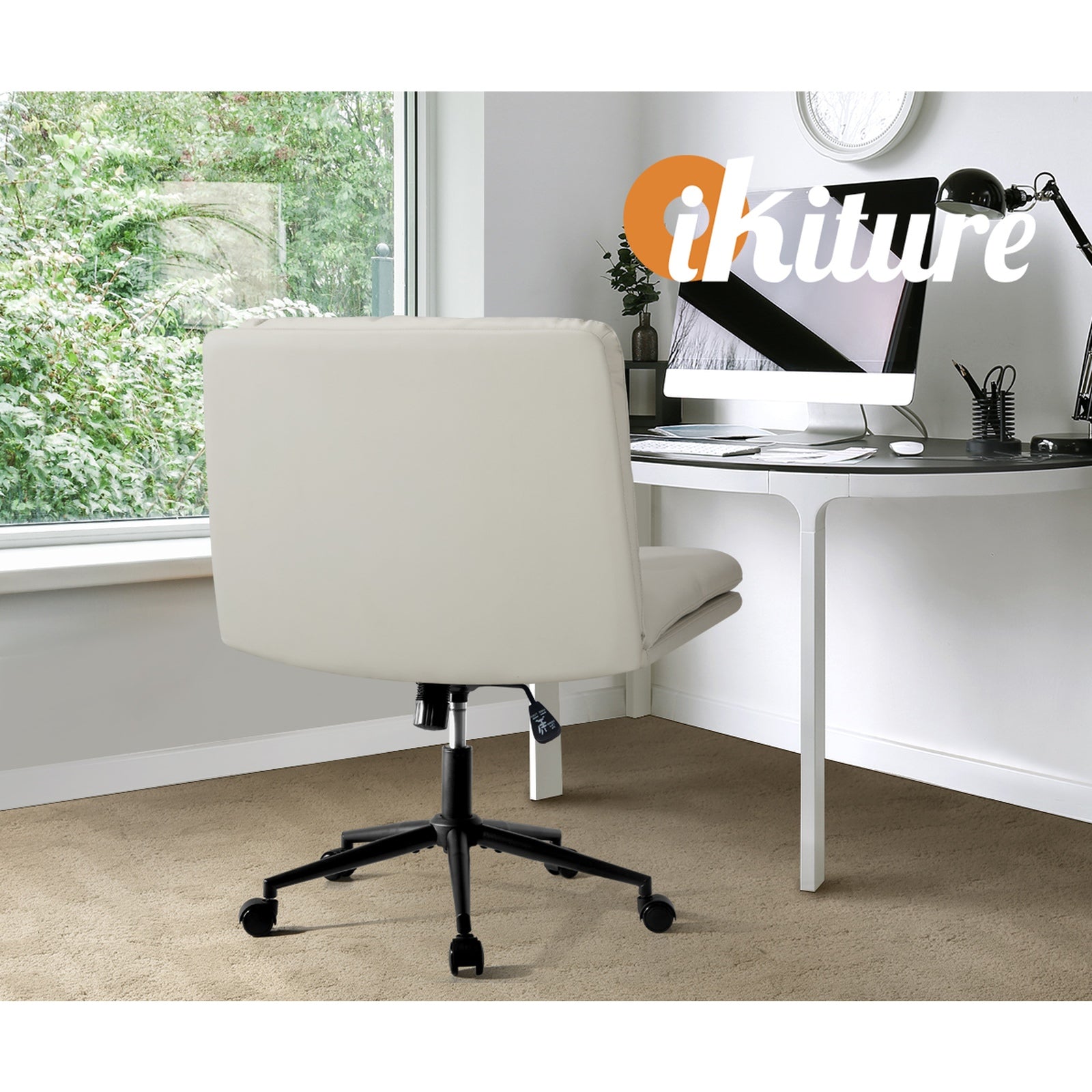 Oikiture Mid Back Armless Office Desk Chair Wide Seat Leather Beige with Wheels - Sunyee
