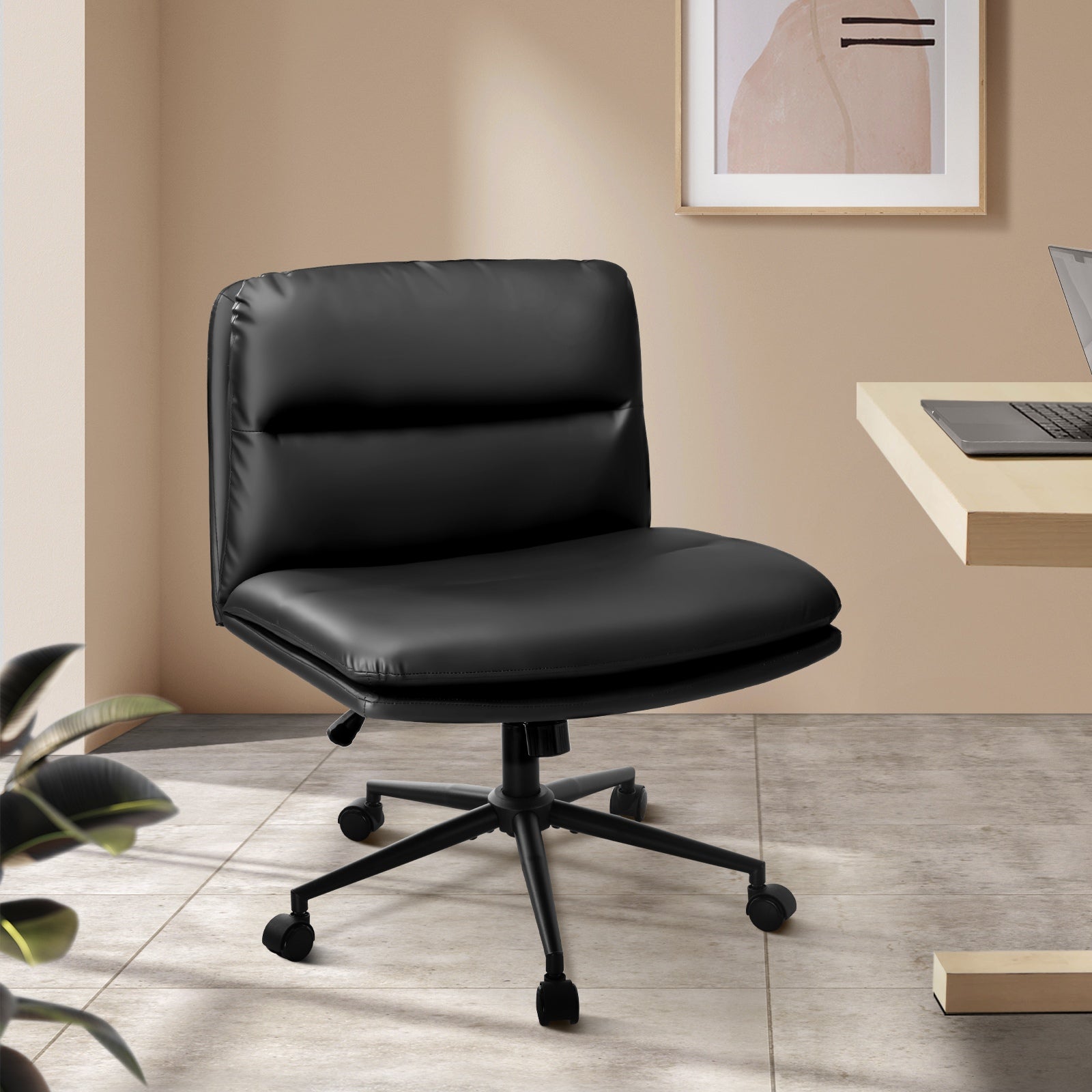 Oikiture Mid Back Armless Office Desk Chair Wide Seat Leather Black with Wheels - Sunyee