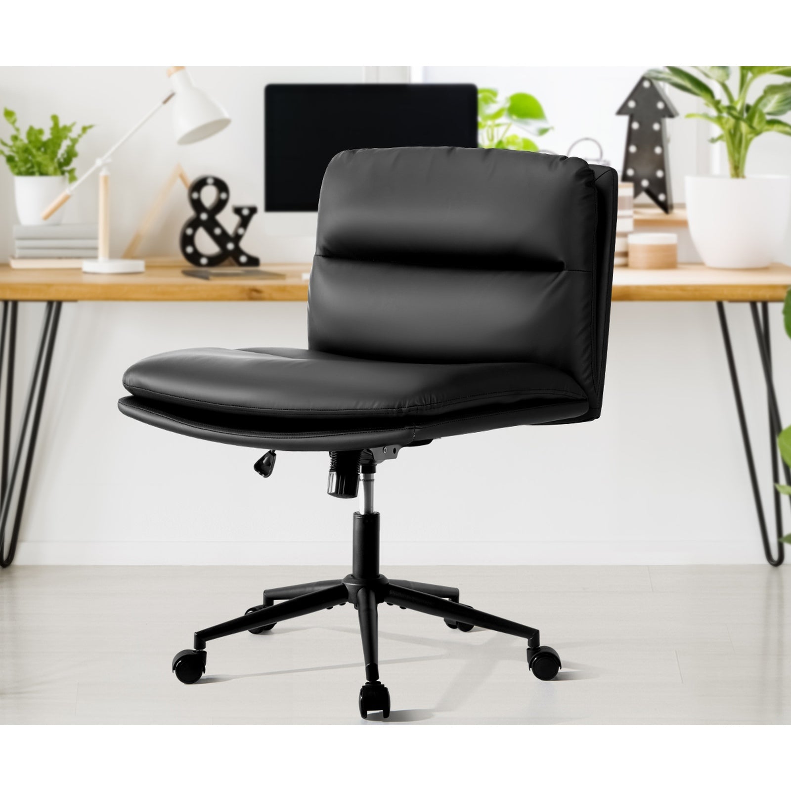 Oikiture Mid Back Armless Office Desk Chair Wide Seat Leather Black with Wheels - Sunyee