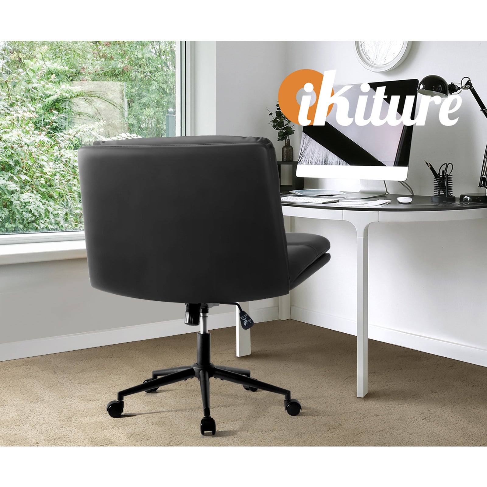 Oikiture Mid Back Armless Office Desk Chair Wide Seat Leather Black with Wheels - Sunyee