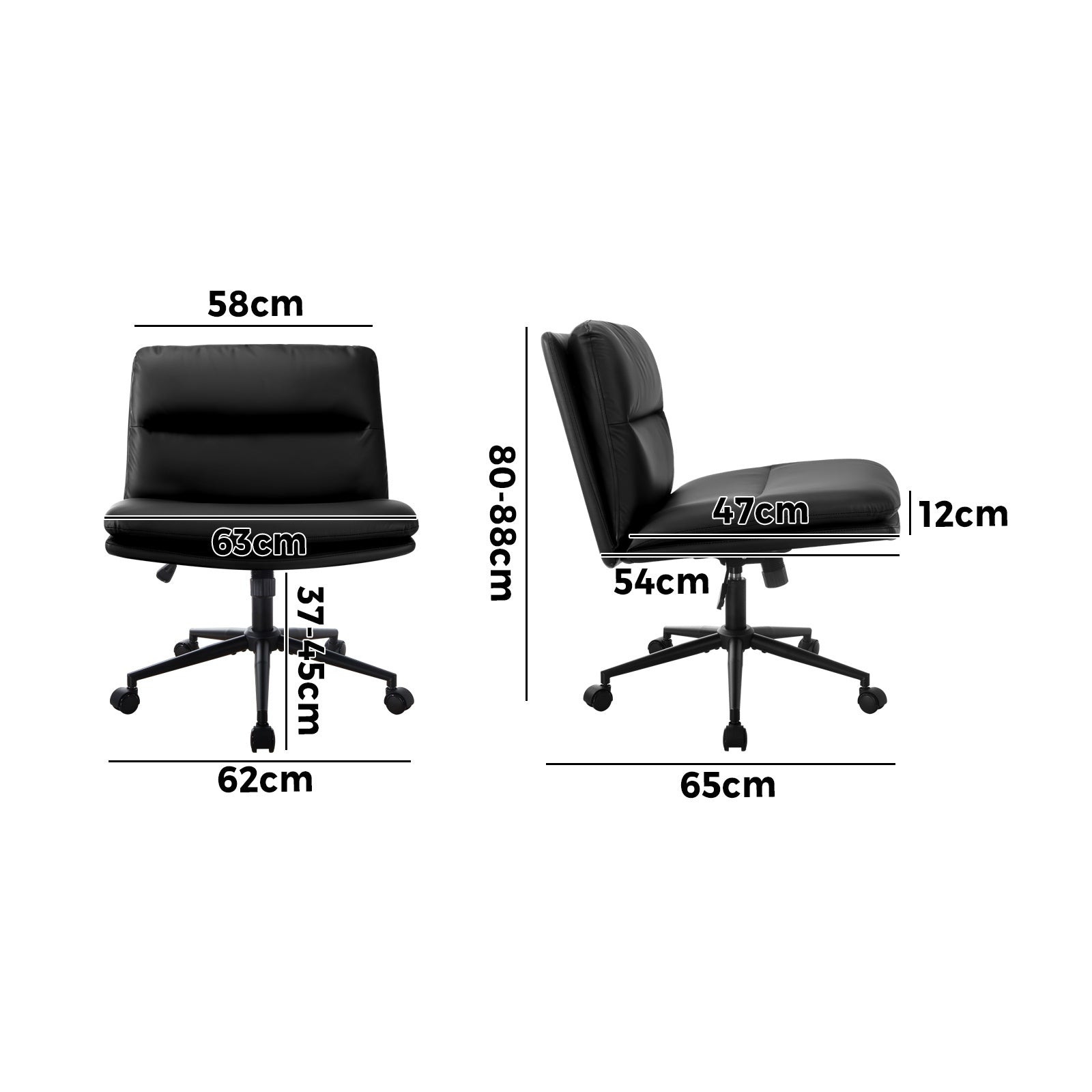 Oikiture Mid Back Armless Office Desk Chair Wide Seat Leather Black with Wheels - Sunyee