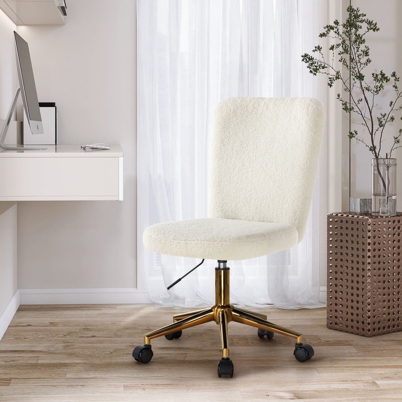 Oikiture High Back Armless Home Office Chair Boucle White&Gold - Sunyee