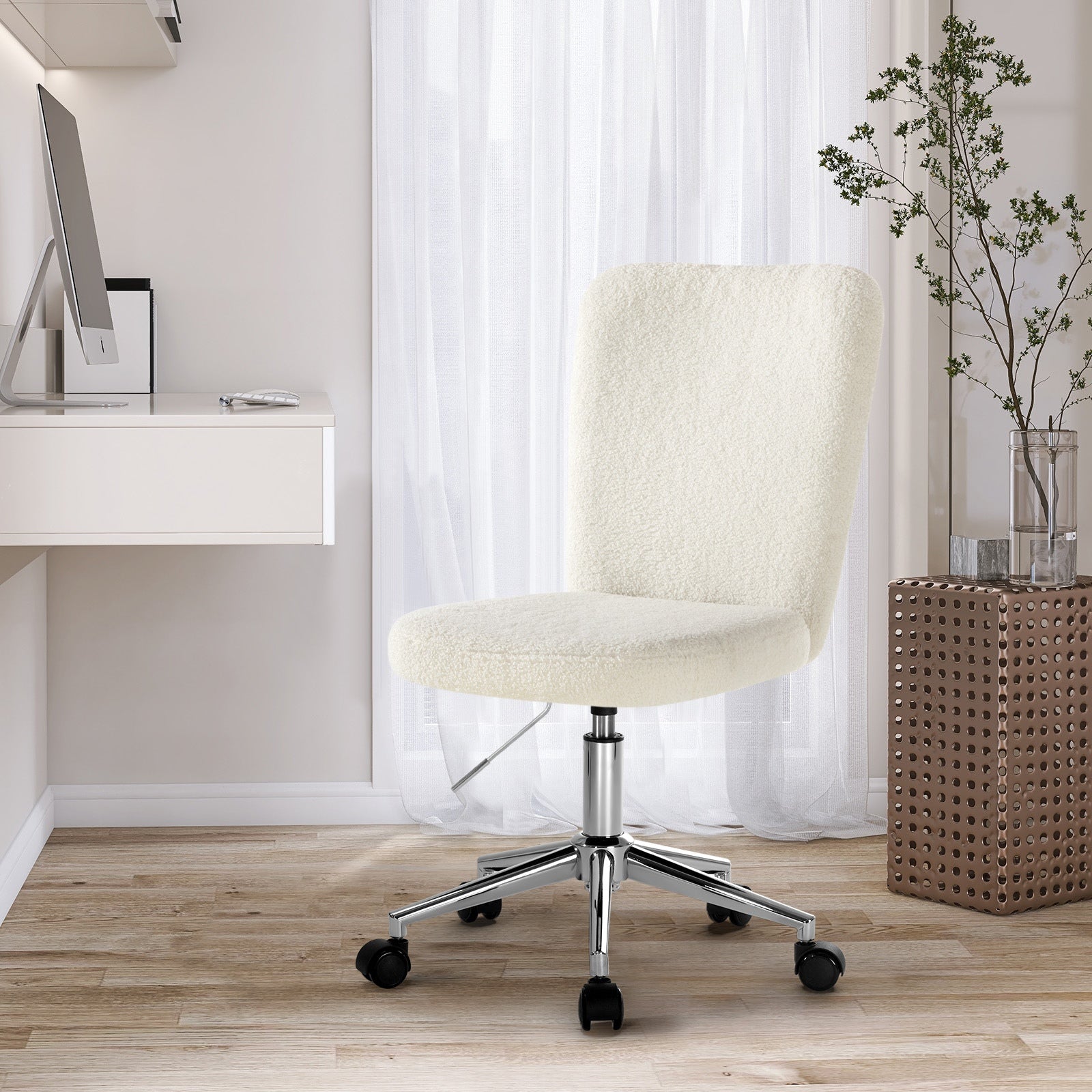 Oikiture High Back Armless Home Office Chair Boucle White&Silver - Sunyee