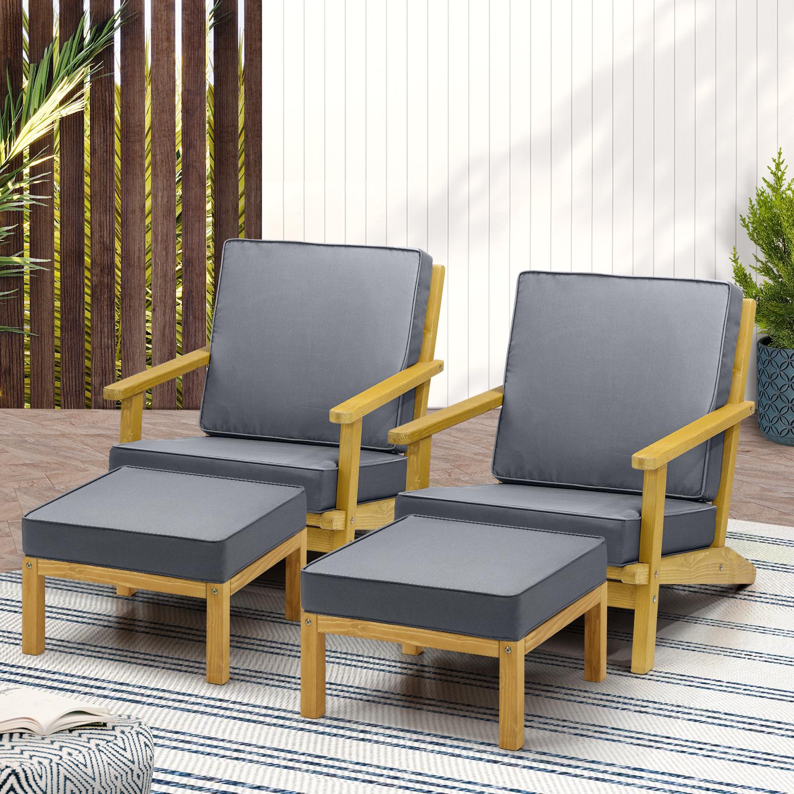 Livsip 2PCS Outdoor Armchair Furniture Sun Lounge Wooden Garden Sofa Foot Stool - Sunyee
