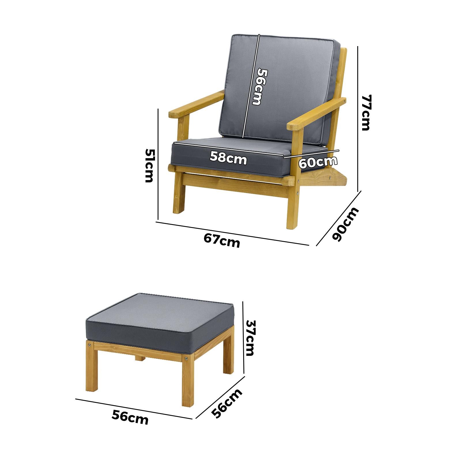 Livsip 2PCS Outdoor Armchair Furniture Sun Lounge Wooden Garden Sofa Foot Stool - Sunyee