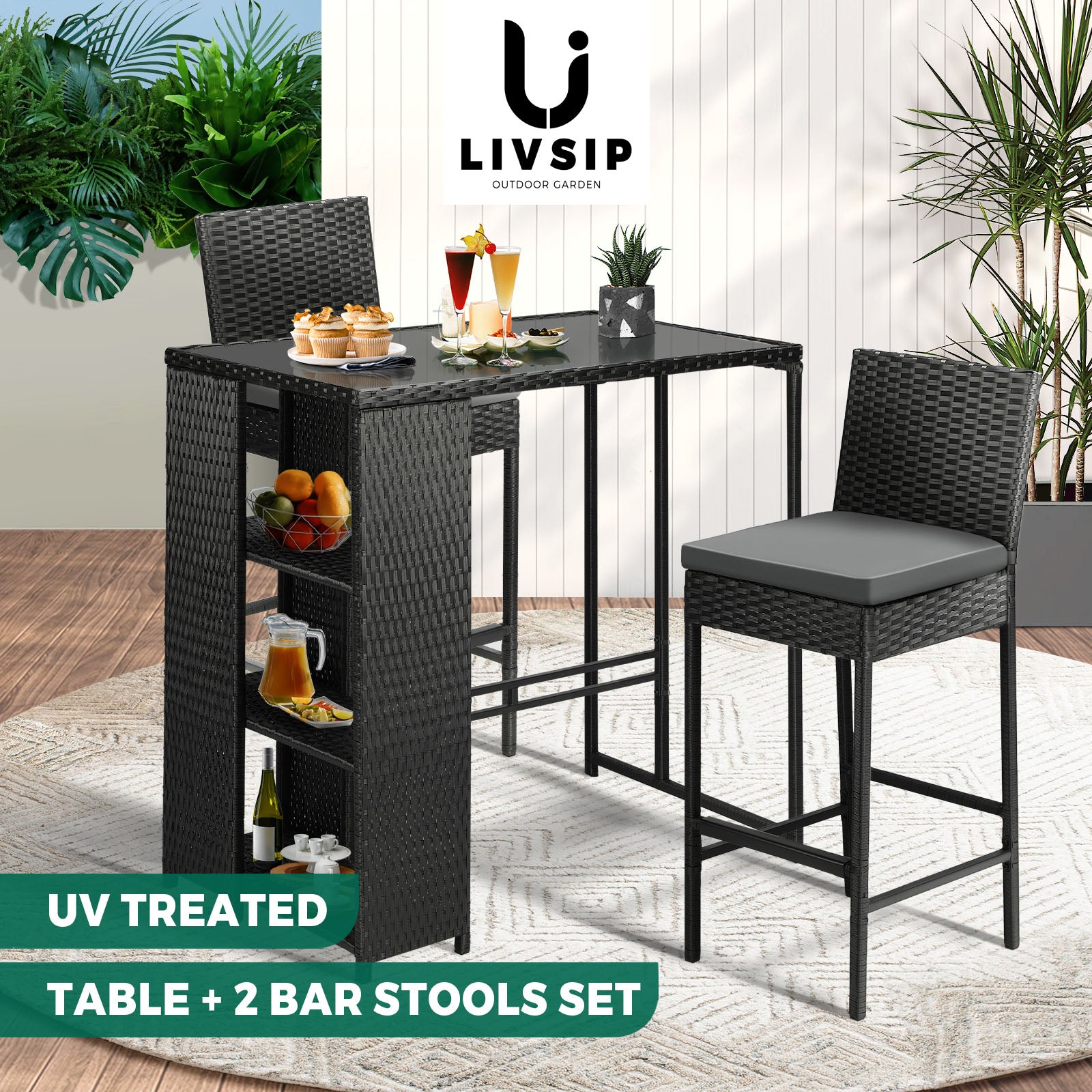 Livsip Outdoor Bar Table Bar Stools Set Patio Furniture Dining Chairs Wicker 3PC - Sunyee