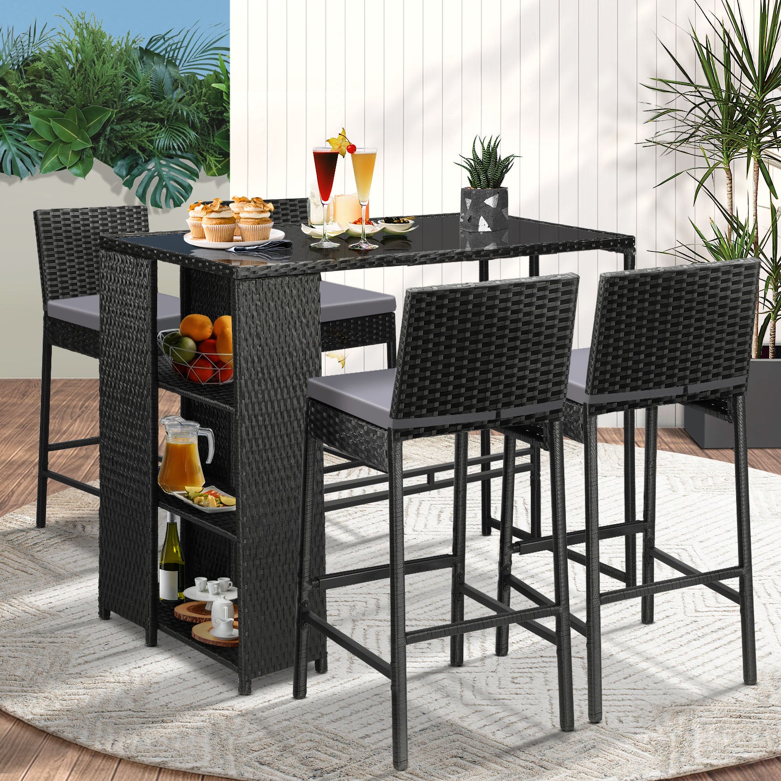 Livsip Outdoor Dining Set Patio Furniture Rattan Bar Table Chairs Bar Stools Set - Sunyee