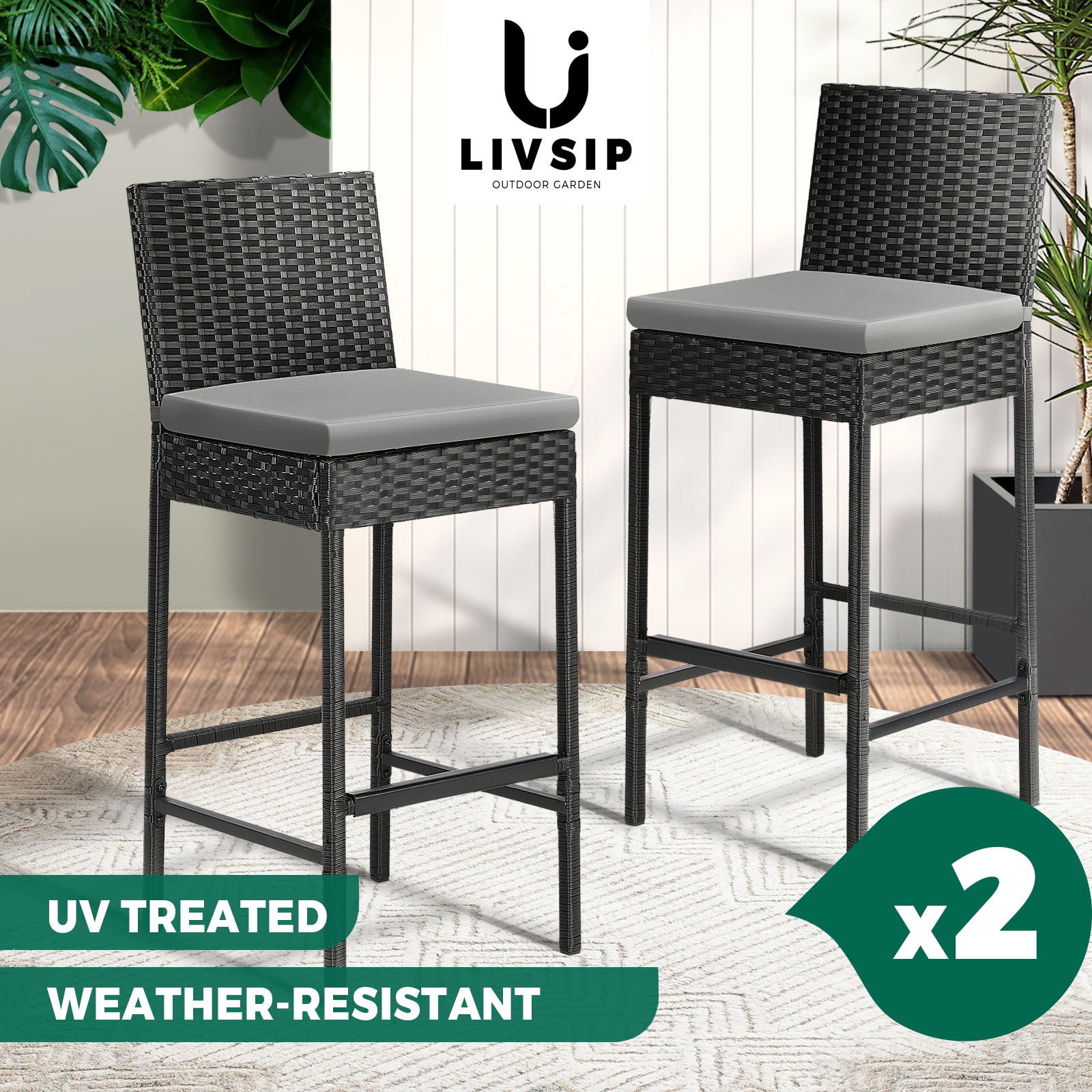 Livsip Outdoor Rattan Bar Stools Patio Dinning Chairs Cafe Garden Furniture 2X - Sunyee