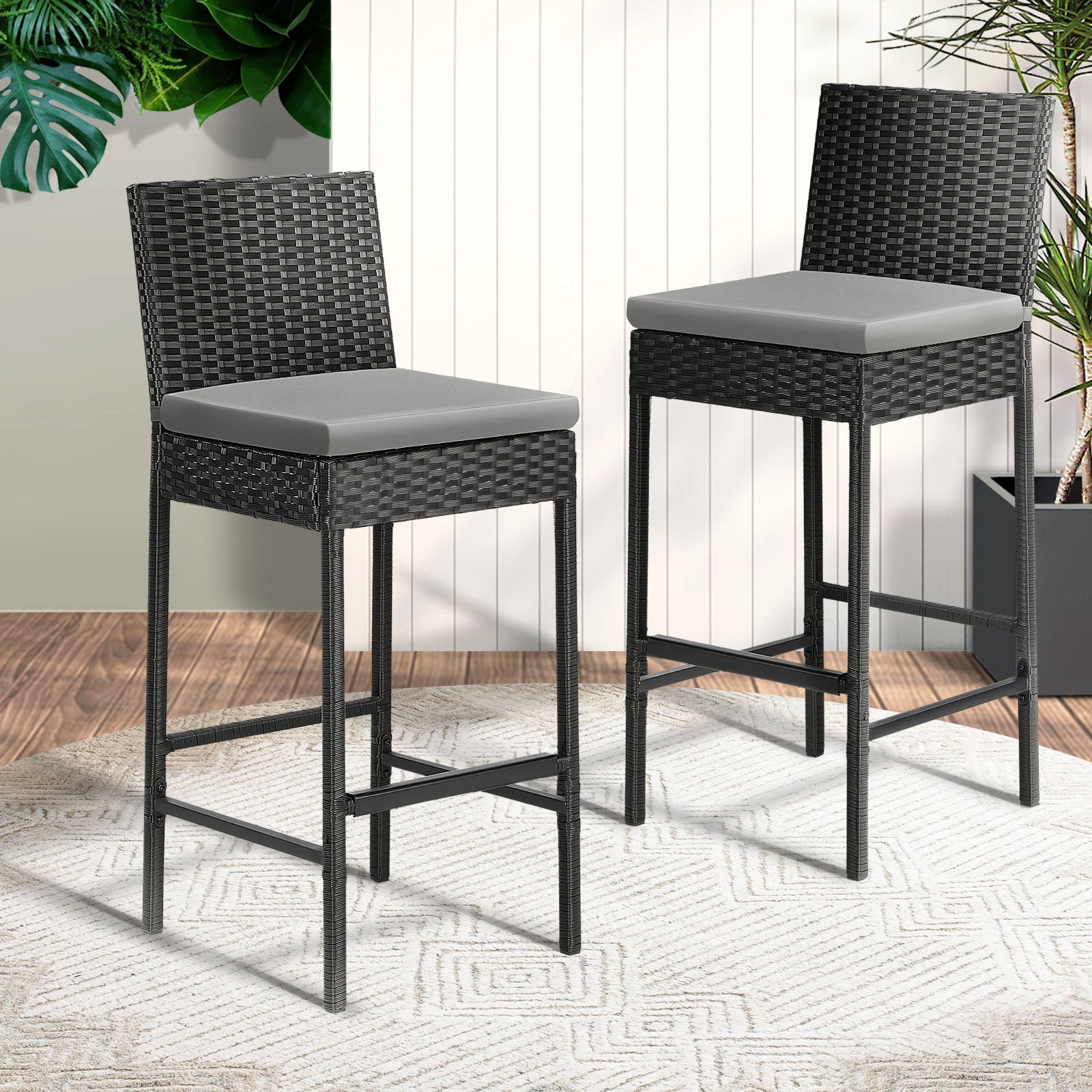 Livsip Outdoor Rattan Bar Stools Patio Dinning Chairs Cafe Garden Furniture 2X - Sunyee