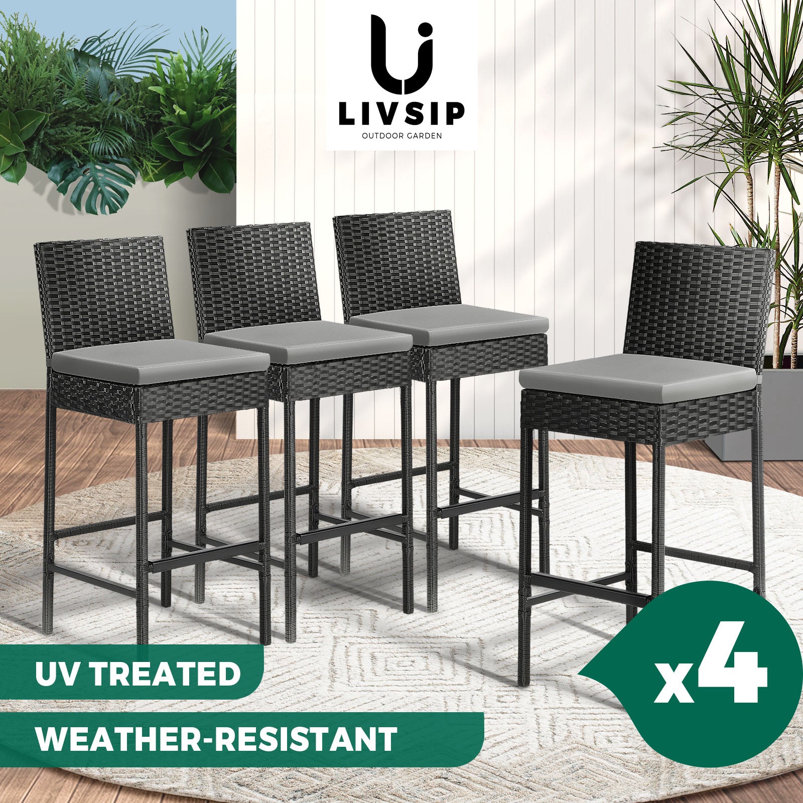 Livsip Garden Bar Stools Rattan Dinning Chairs Cafe Outdoor Patio Chairs 4X - Sunyee