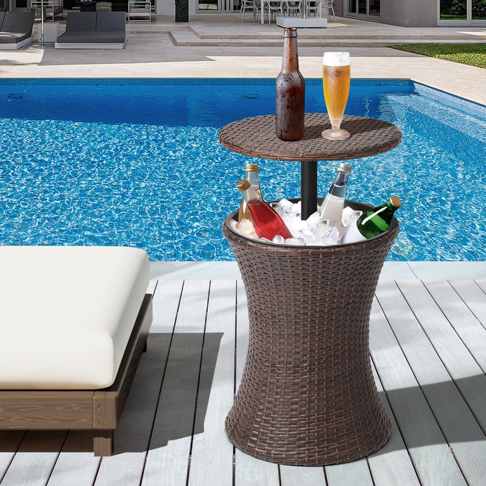 Livsip Rattan Cooler Ice Bucket Table Bar Outdoor Patio Pool Storage Adjustable - Sunyee