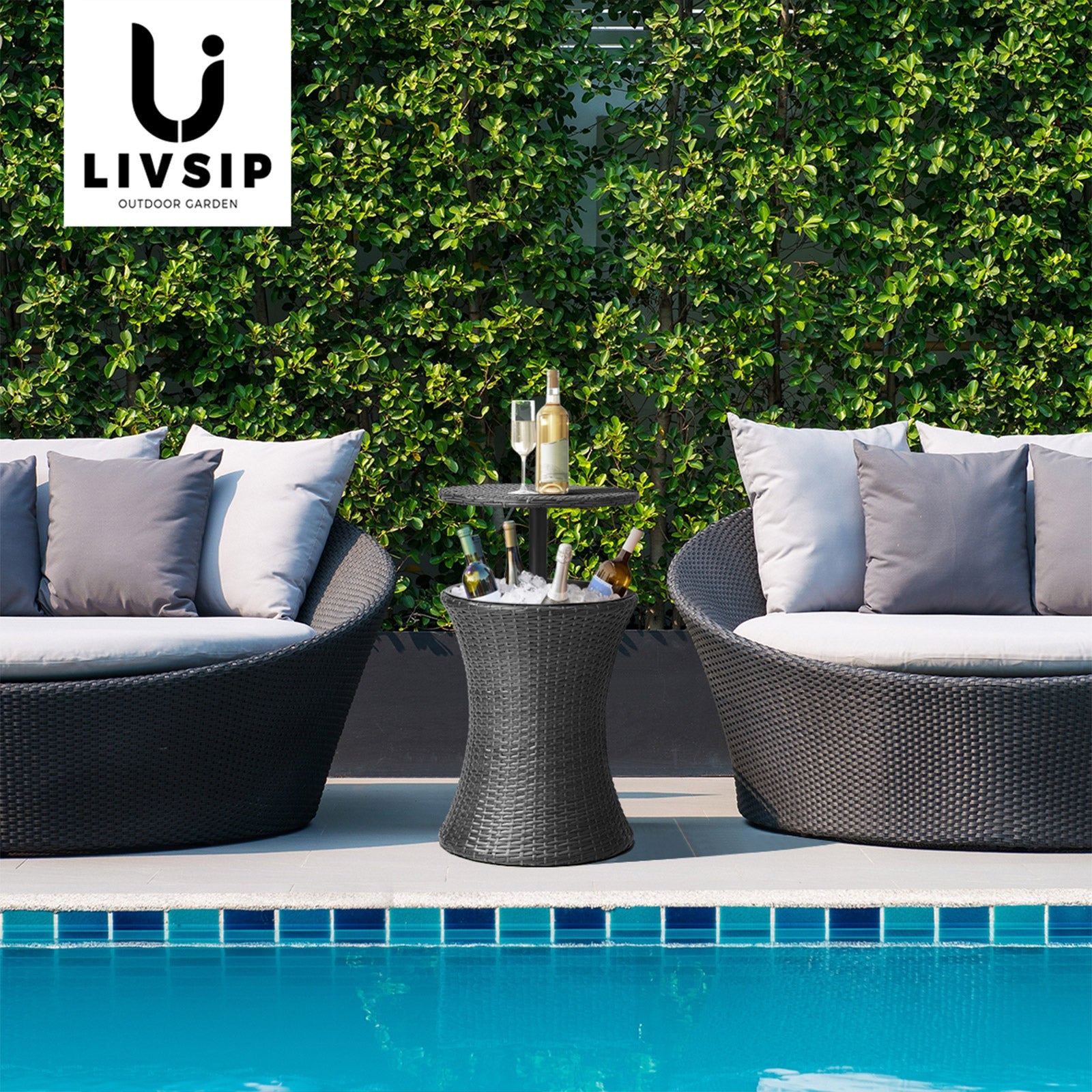 Livsip Rattan Cooler Ice Bucket Table Bar Outdoor Patio Pool Storage Party Black - Sunyee