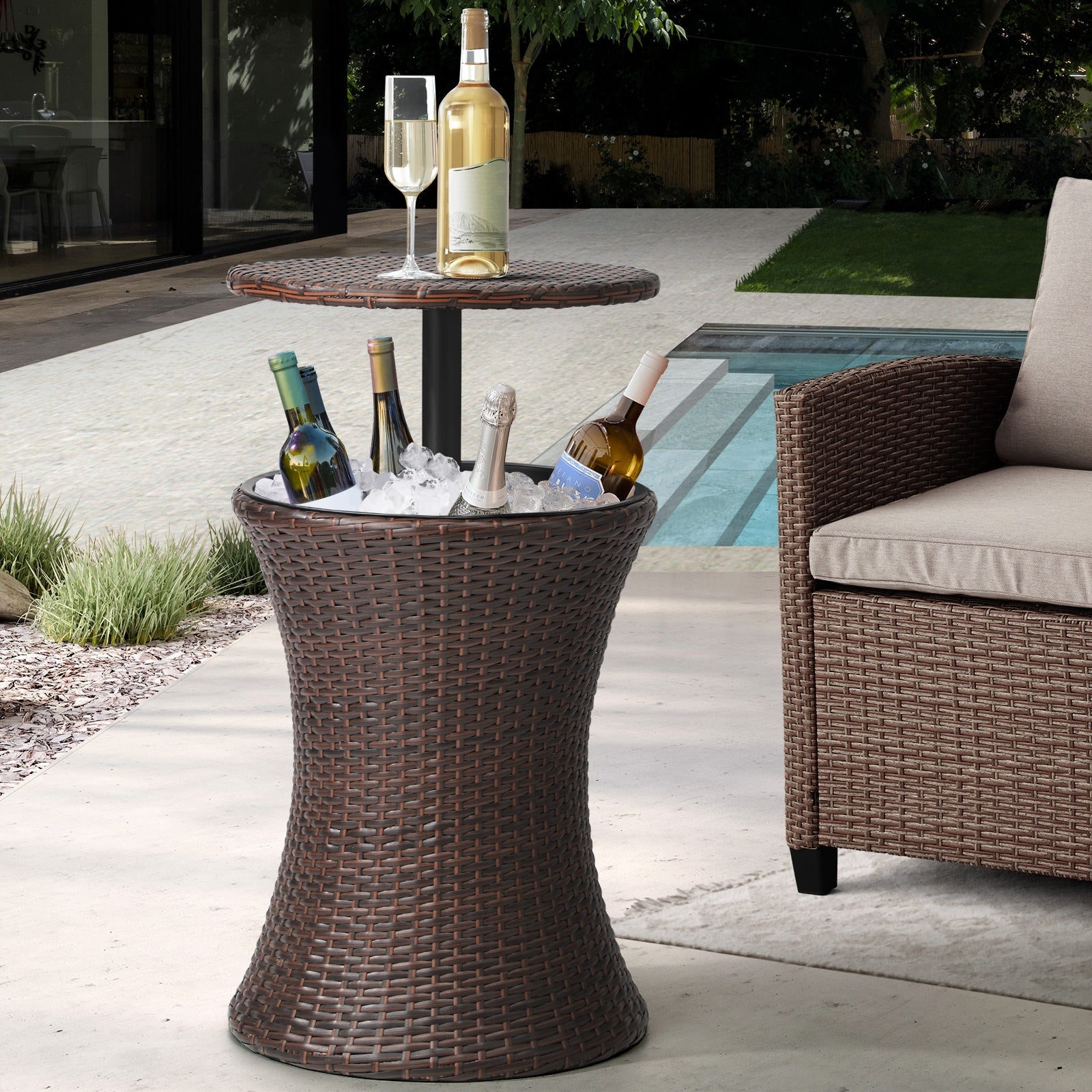 Livsip Rattan Cooler Ice Bucket Table Bar Outdoor Patio Pool Storage Adjustable - Sunyee