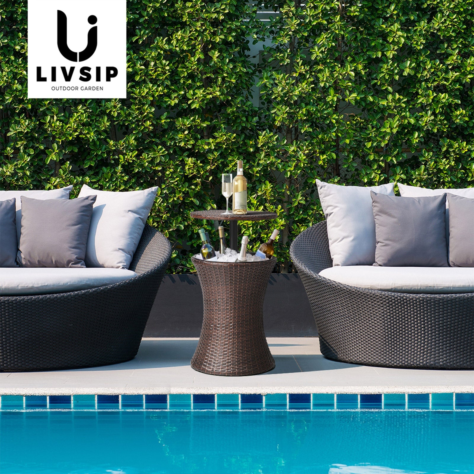 Livsip Rattan Cooler Ice Bucket Table Bar Outdoor Patio Pool Storage Party Brown - Sunyee