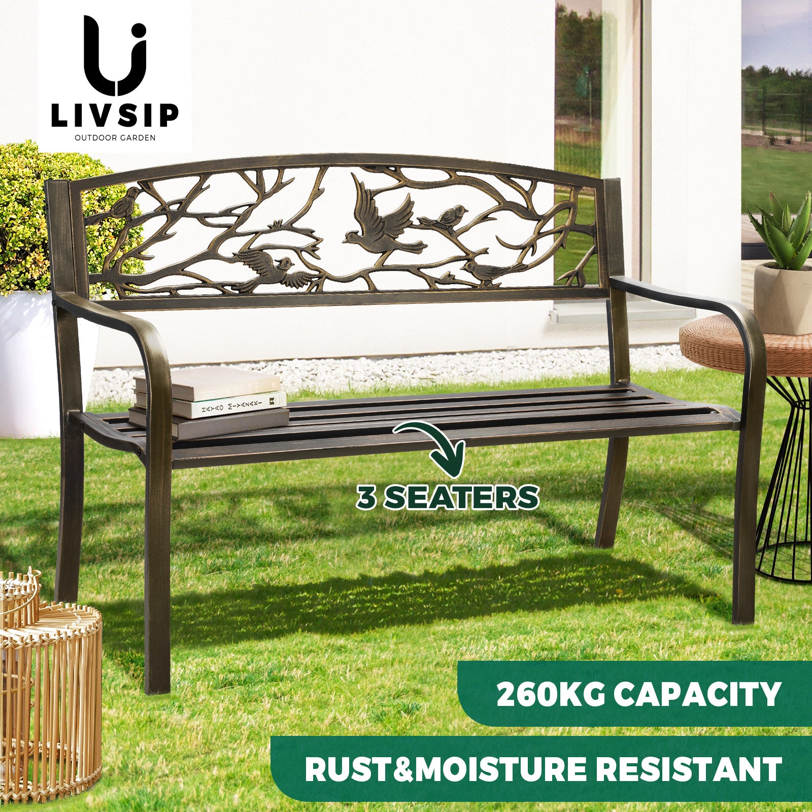 Livsip Garden Bench Park Lounge Patio Chair Backyard 3 Seater Outdoor Furniture - Sunyee