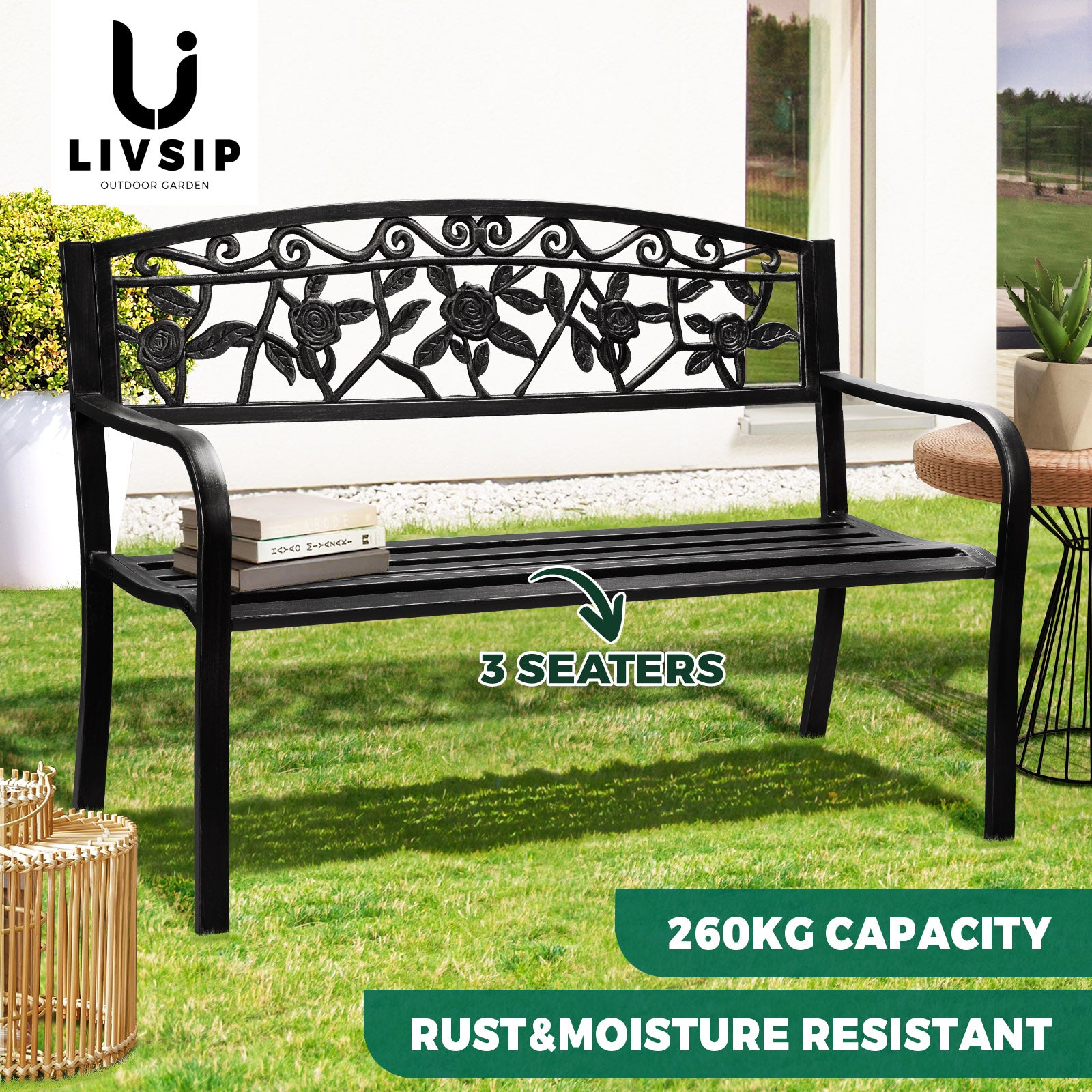 Livsip Garden Bench Seat Outdoor Furniture Patio Park Backyard Chair Black - Sunyee