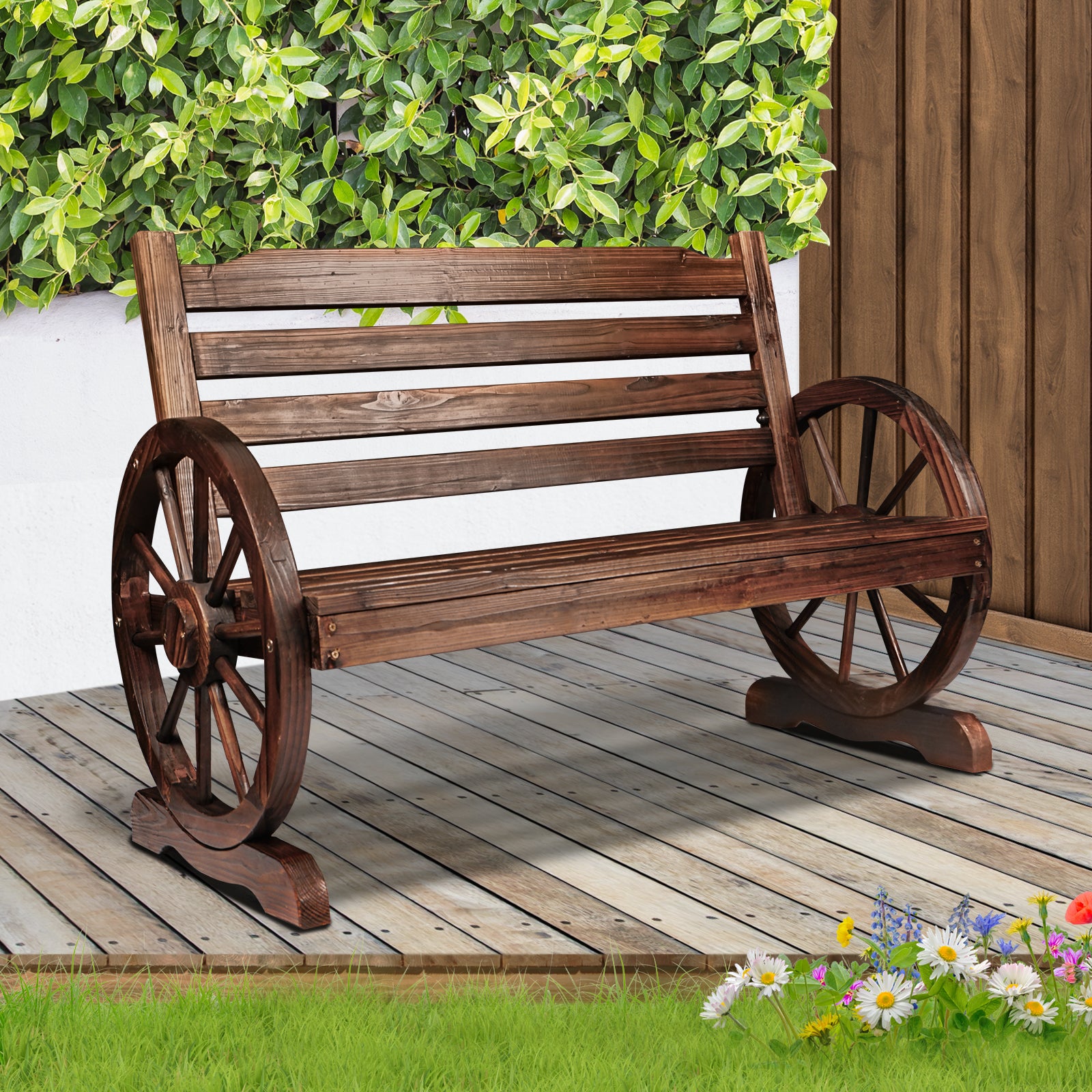 Livsip Wooden Wagon Chair Garden Bench Seat Outdoor Patio Furniture Lounge Wheel - Sunyee